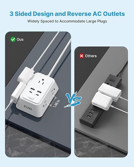 10 Ft Flat Plug Extension Cord Multi Outlet Power Strip with 2 USB C Ports