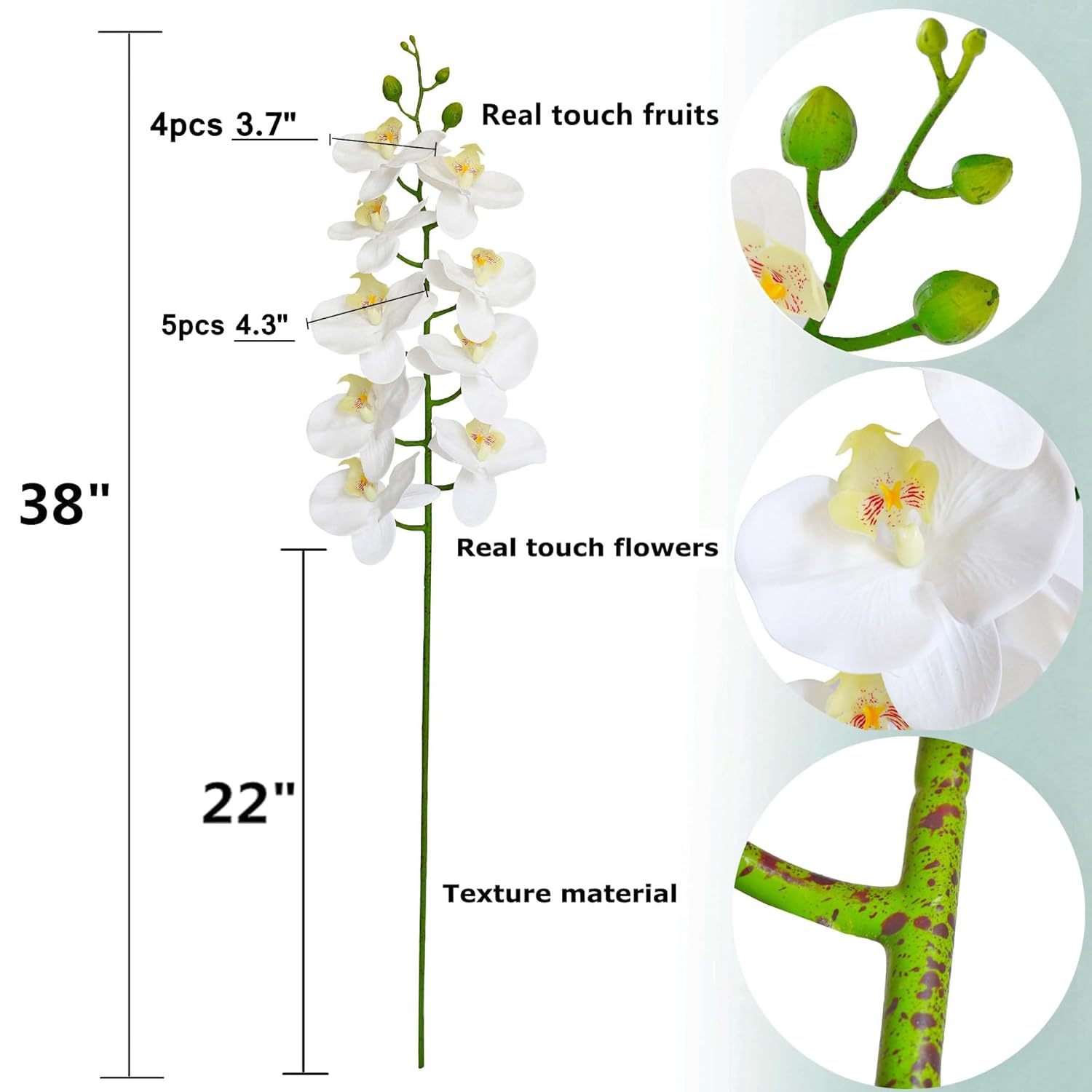 38 Inch Artificial Phalaenopsis Flowers Branches Real Touch (Not Silk) Orchids Flowers For Home Office Wedding Decoration,Pack Of 2 (White)