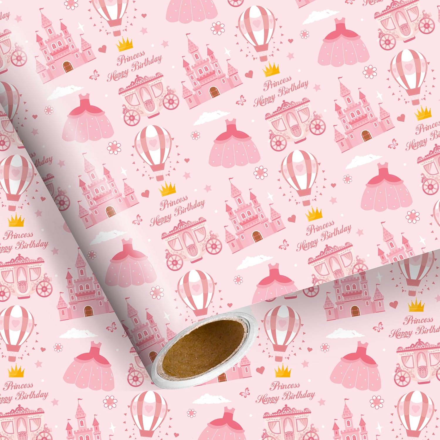 Princess Castle Birthday Wrapping Paper Roll For Girls Pink Princess Gift Wrap Paper With Crown Carriage Hot Air Balloon Design For Baby Shower Holiday Party Decor, 17 Inch X 16.4 Feet