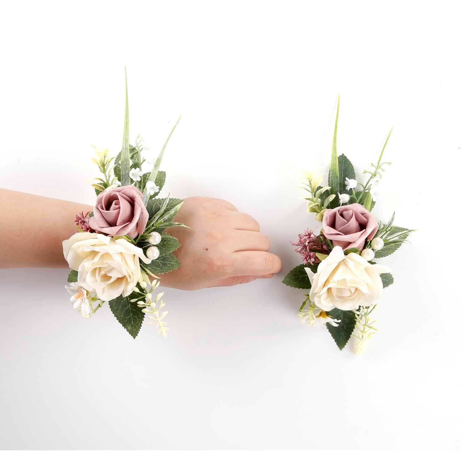 Pink Corsage And Boutonniere Set For Wedding Prom, Artificial Rose Flower Wrist Corsage Bracelets, Homecoming Corsage Wristlet, Boutonniere For Men Wedding Suit Decorations