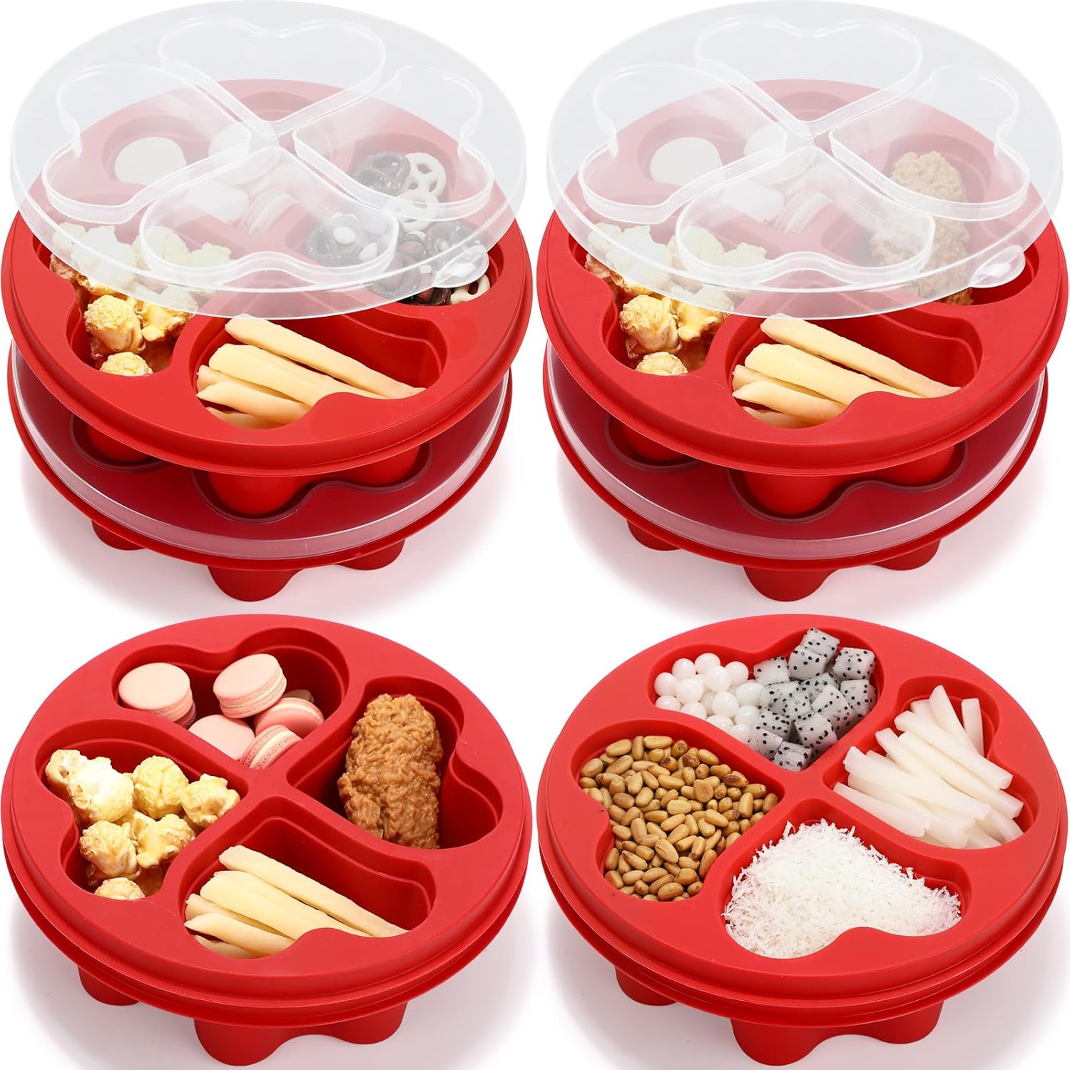 6 Pcs 6 Pcs 6.8 Inch Valentine'S Day Divided Dessert Serving Tray Heart Red 4-Compartment Snack Container Box Reusable With Press-Fit Lids For Christmas Mother'S Day Lunch Meal Snack