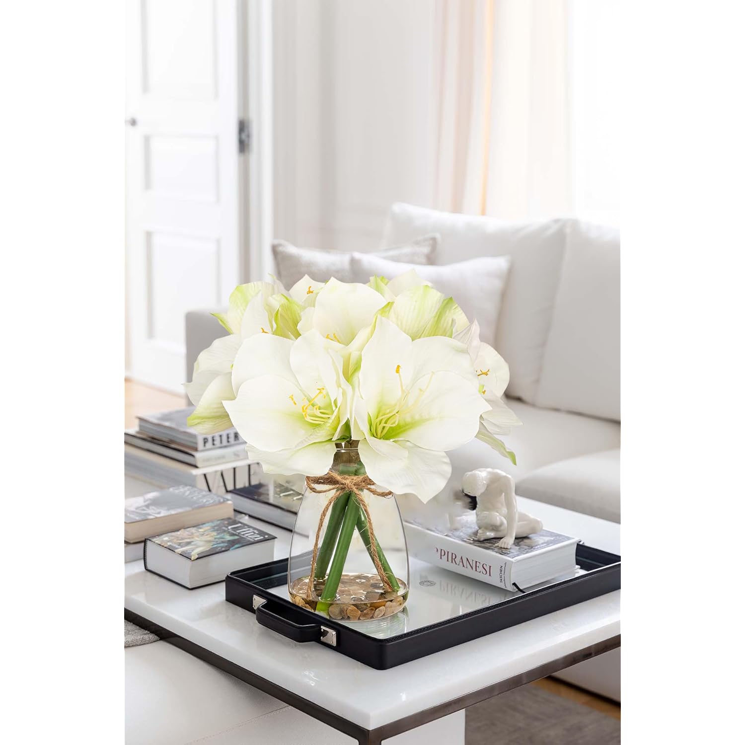 White Amaryllis Artificial Flower Arrangement 11.8" Faux Silk Amaryllis In Glass Vase With Faux Water Pebbles Fake Floral Centerpiece For Home Office Room Table Shelf Rustic Décor