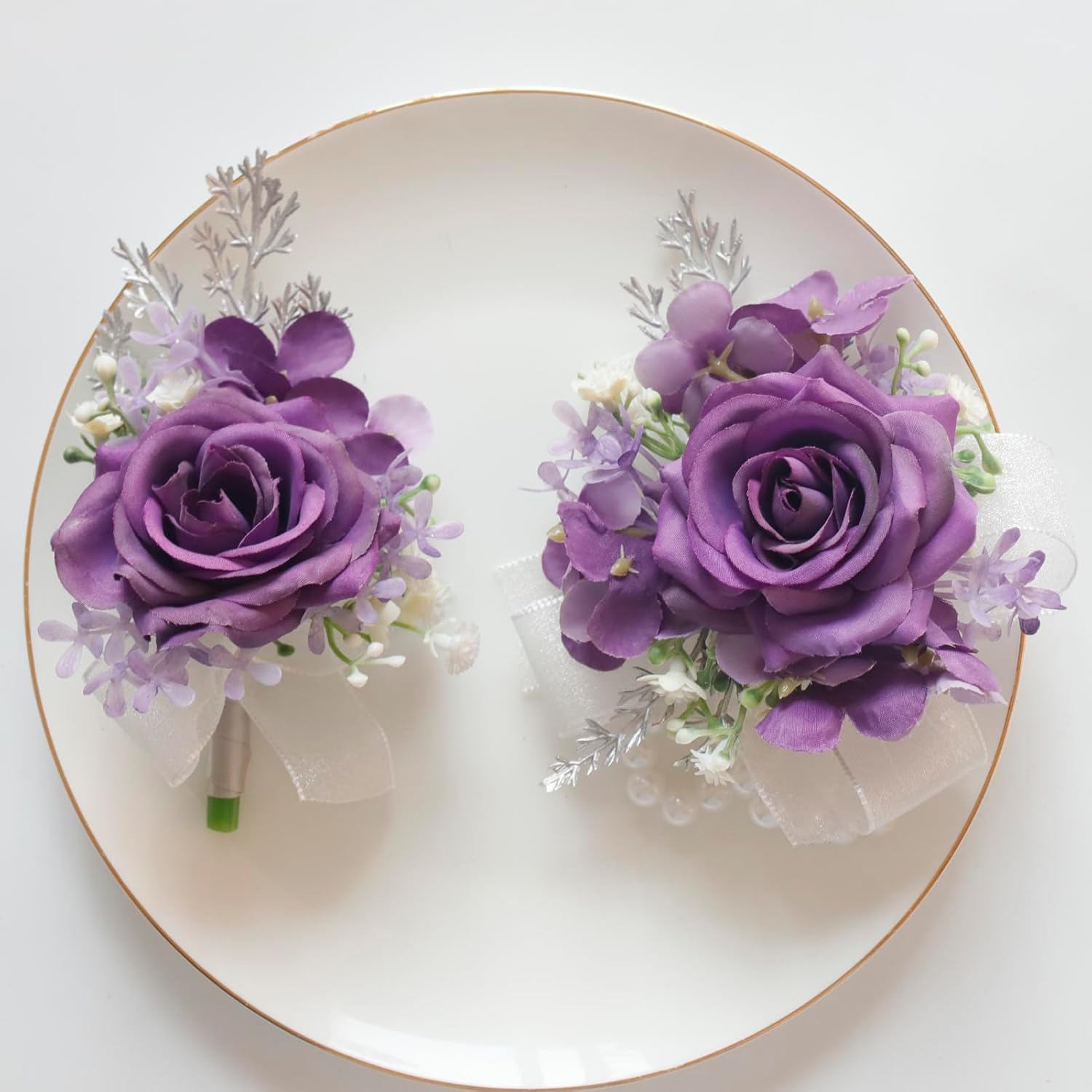 2 Pieces Of Corsage And Boutonniere Set, Artificial Flowers Accessories Suit Decor For Wedding Prom Party Homecoming Ceremony Anniversary -Dark Purple+Purple