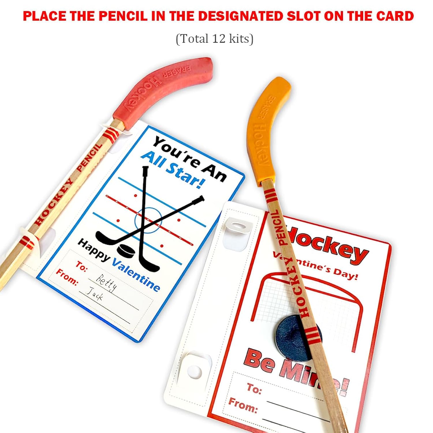 12 Pack Hockey Valentine'S Day Cards, Pencils With Erasers, Mini Hockey Pucks, Hockey Goal For School Classroom Gift Exchange, Valentine Party Favor Supplies