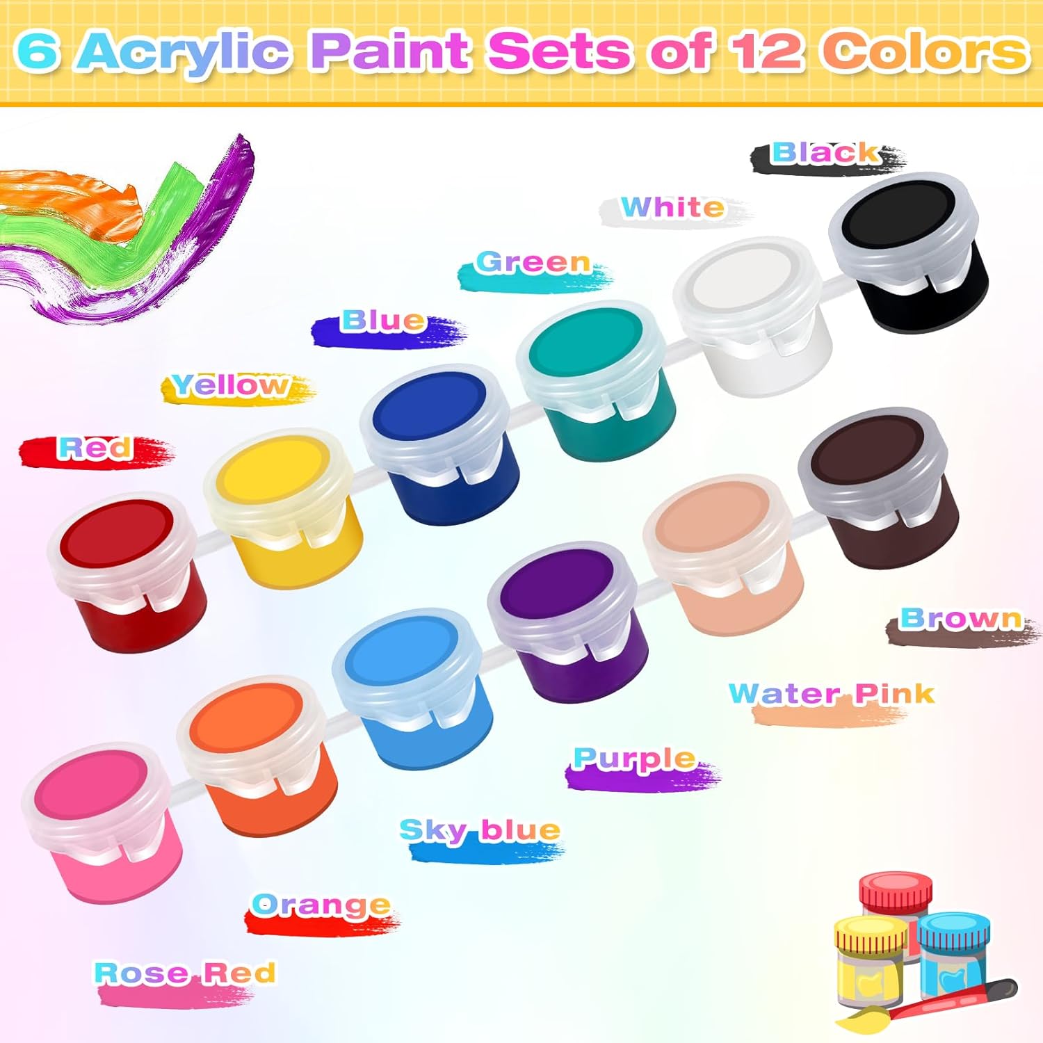 20 Pack Mini Acrylic Paint, 12 Colors Acrylic Paint Strips With 44 Painting Brushes, Washable Mini Painting Kit For Home Birthday Party Favors Art Supplies