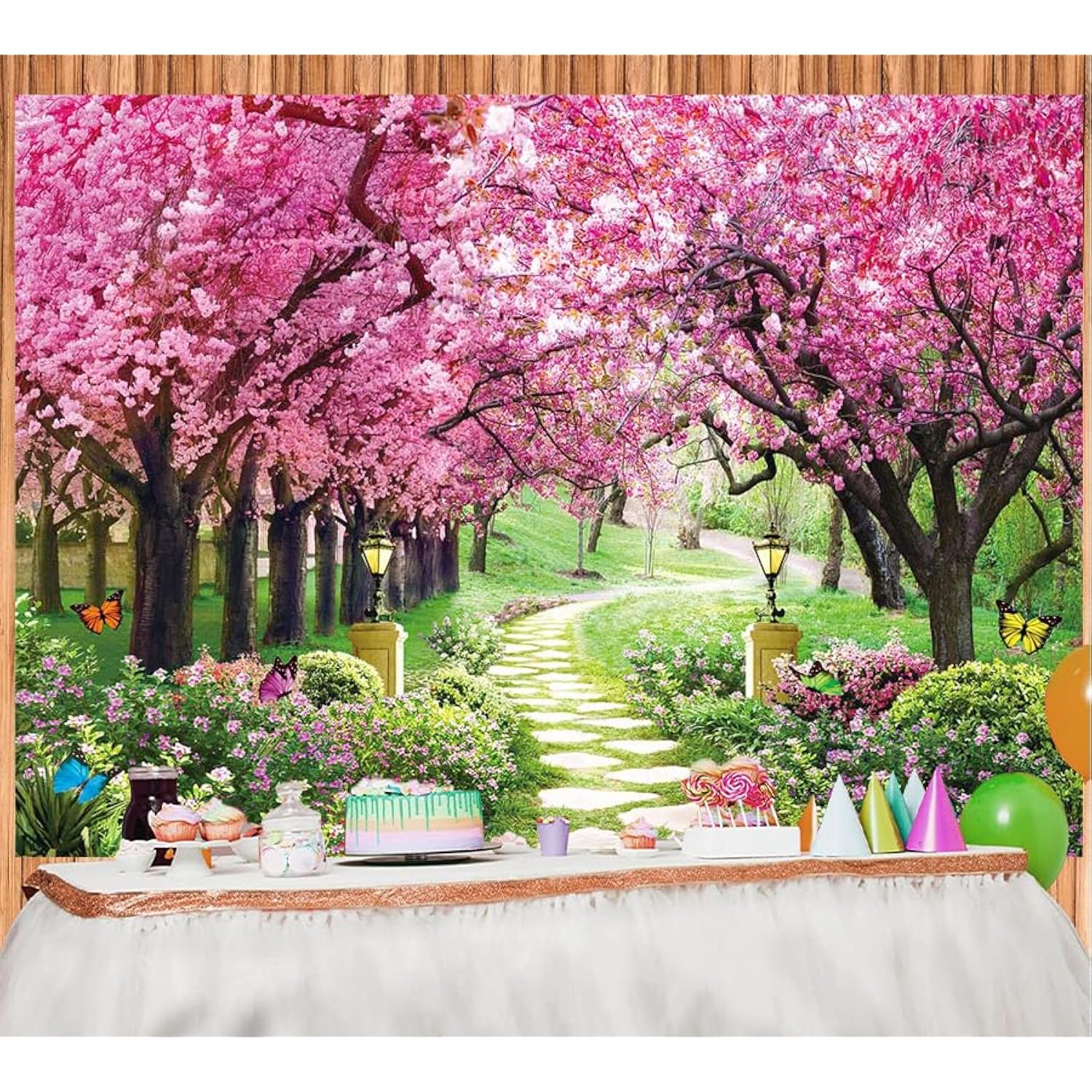 Spring Backdrop Spring Garden Flowers Tree Path Photography Background Floral Natural Landscape Birthday Party Party Decoration Banner Supplies (82X59Inch(7X5Ft))