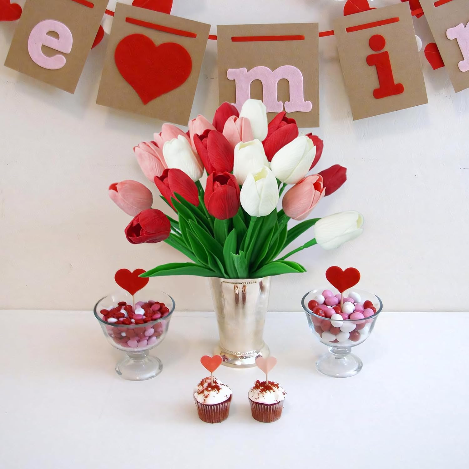36 Pcs Real Touch Tulips Artificial Flowers, Fake Tulips White Pink Red Faux Tulips Flowers For Table Centerpiece Vase Home Wedding Kitchen Bouquet Decorations