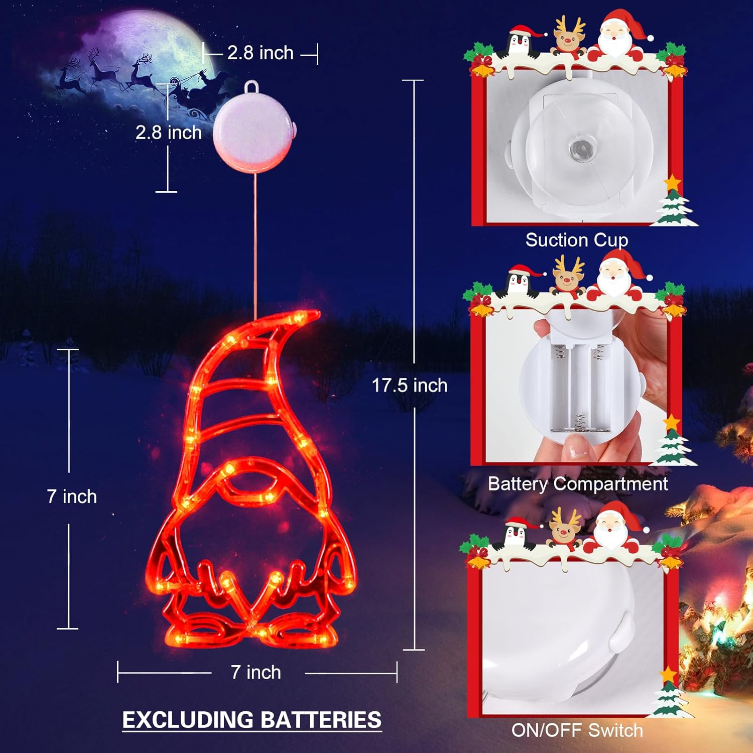 Christmas Window Lights 3 Pack Red White And Green Gnomes Xmas Lights With Suction Cups 2024 Upgrade Timer Function And