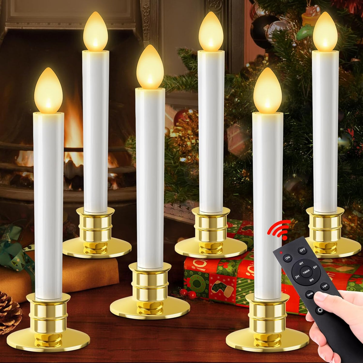 Christmas Window Candles Lights 6 Pack Battery Operated Candles With Remote Control Timer Gold Holders Flameless Candle Taper Led Candle Christmas Decorations Window Decorations Party Xmas Table Top