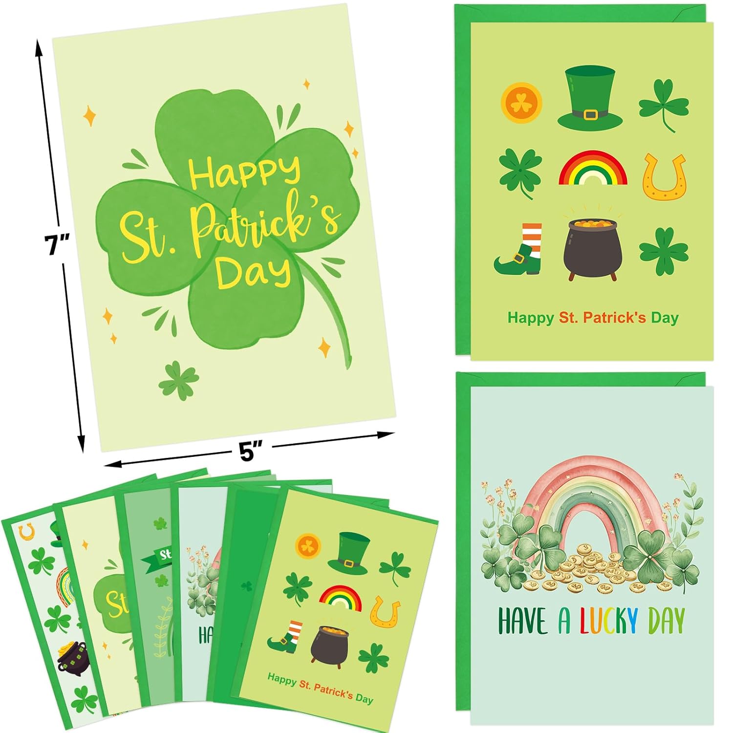 Treasure Cove St. Patrick's Day Cards Set Green Shamrock Greeting Cards with Envelopes and Stickers for Irish Holiday Supplies 12 Pcs