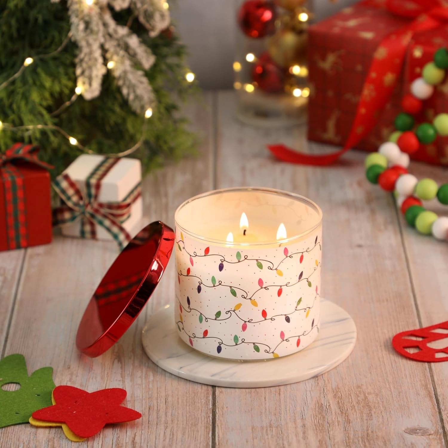 Christmas Candles, Xmas Berry Jam Scented Candle, Large 3 Wicks, 14 Oz Christmas String Lights Candle Gift