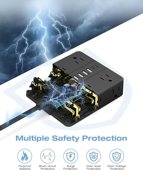 Flat Plug Power Strip 12 Outlets 6 USB Ports 4 USB A 2 USB C 5 Ft Cord