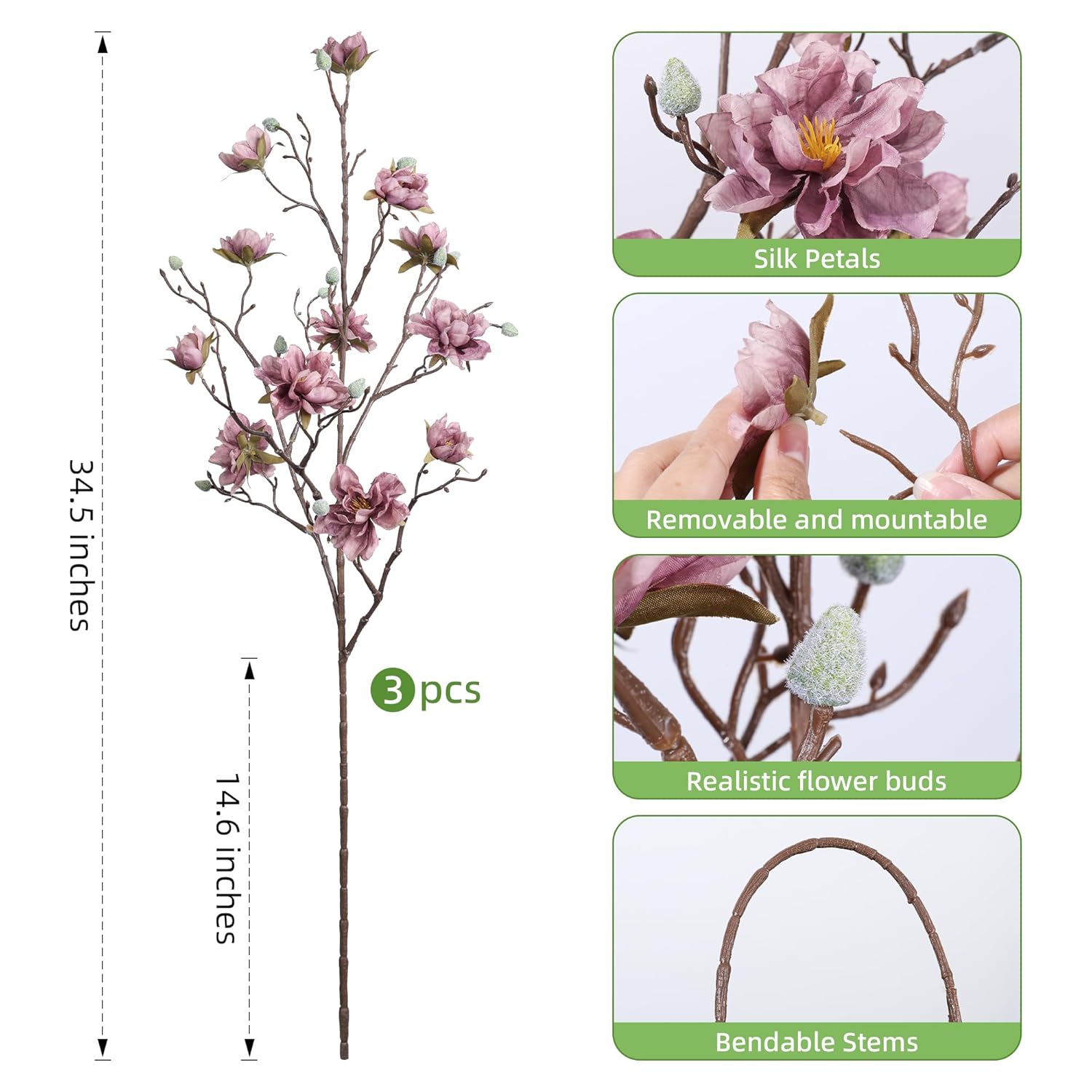 3Pcs Artificial Magnolia Flowers Stems For Spring Decoration, Faux Purple Magnolia Branches With Buds, 34.5" Long Stems Floral Arrangement For Vase Pot Table Centerpiece Indoor Decor