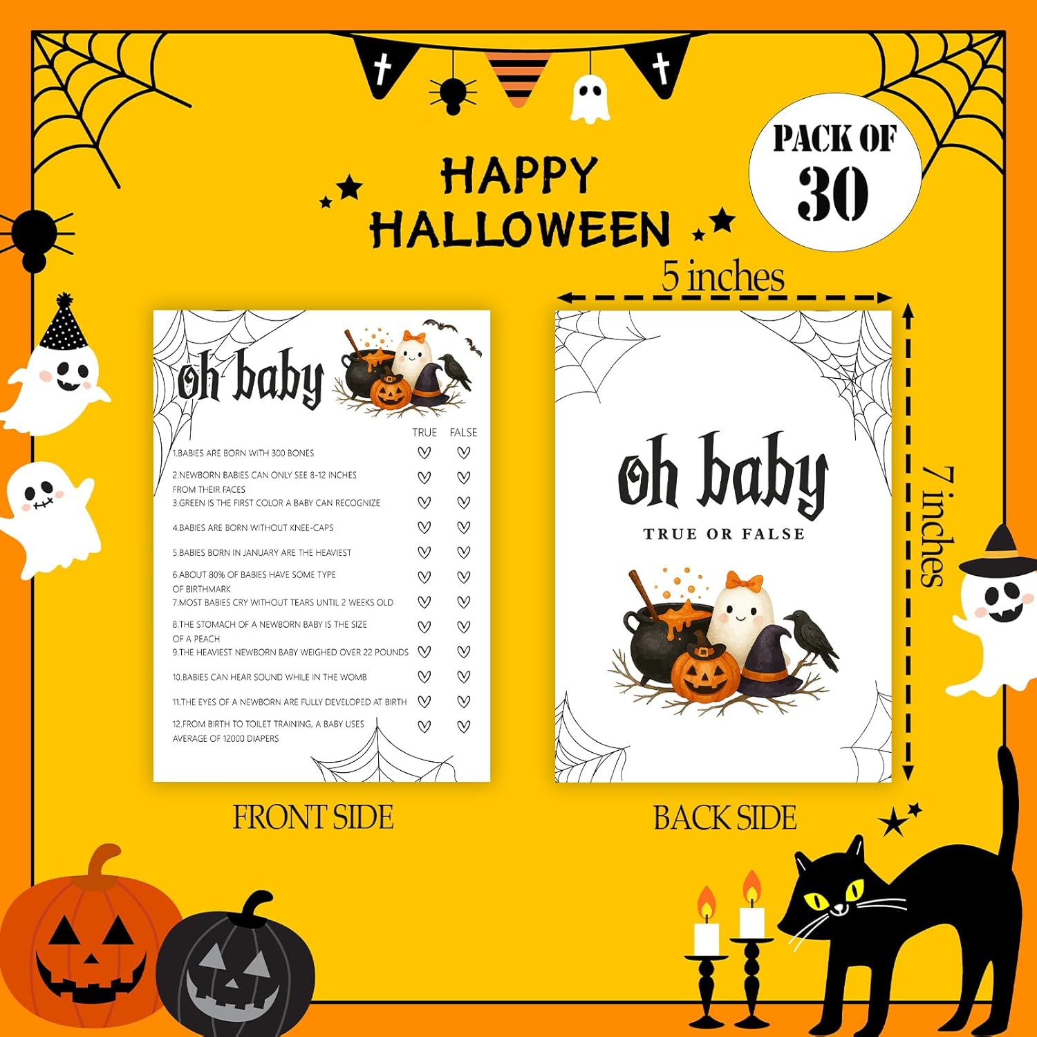 Hilarious Baby Shower Games, Halloween Oh Baby True Or False, 30 Double-Sided Fill In Game Cards For Little Ghost Gender Reveal Spooky Party Favor Supplies - D06