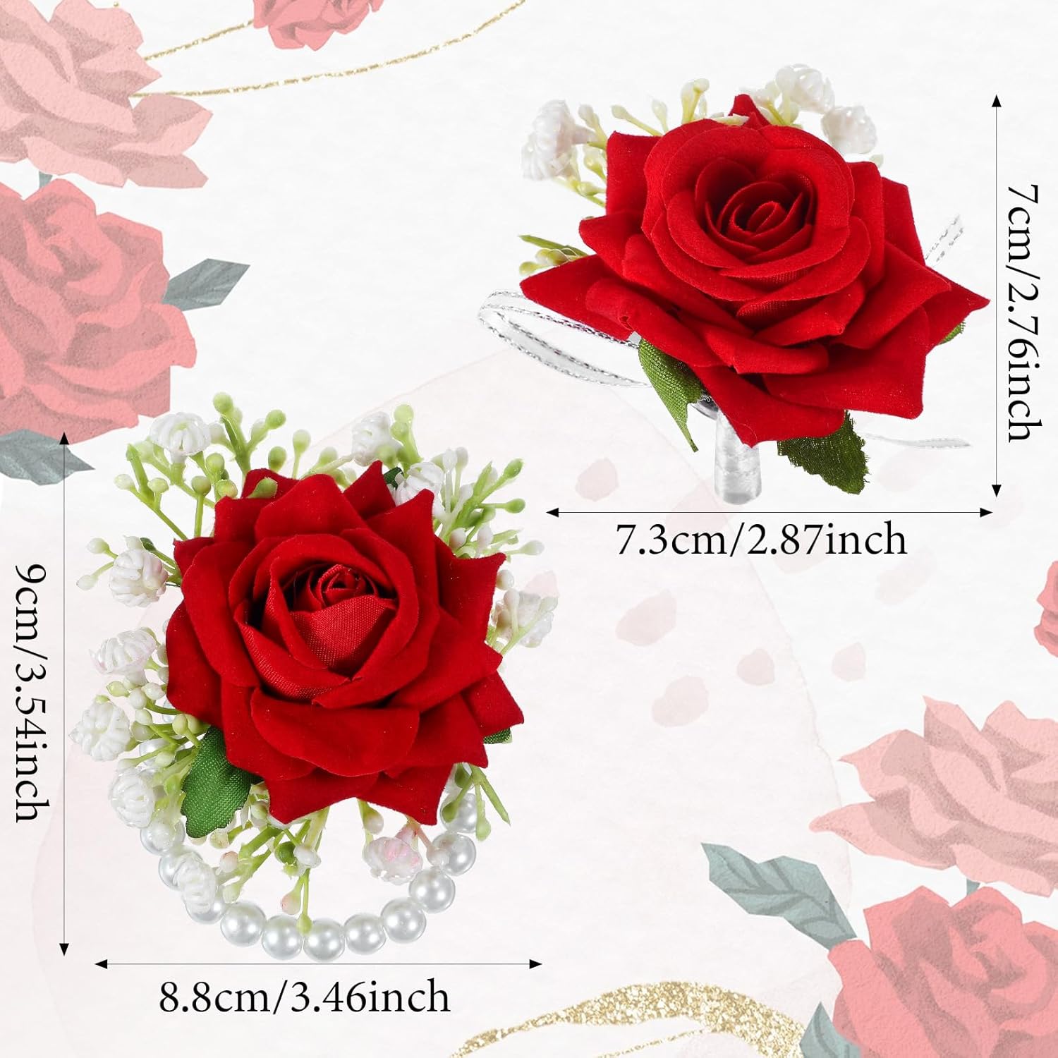 2Pcs Red Rose Corsage Set Pearl Hand Flower Wrist Corsage For Wedding Party Homecoming Ceremony Anniversary Prom Flower Corsages Bridal Bridesmaid Women