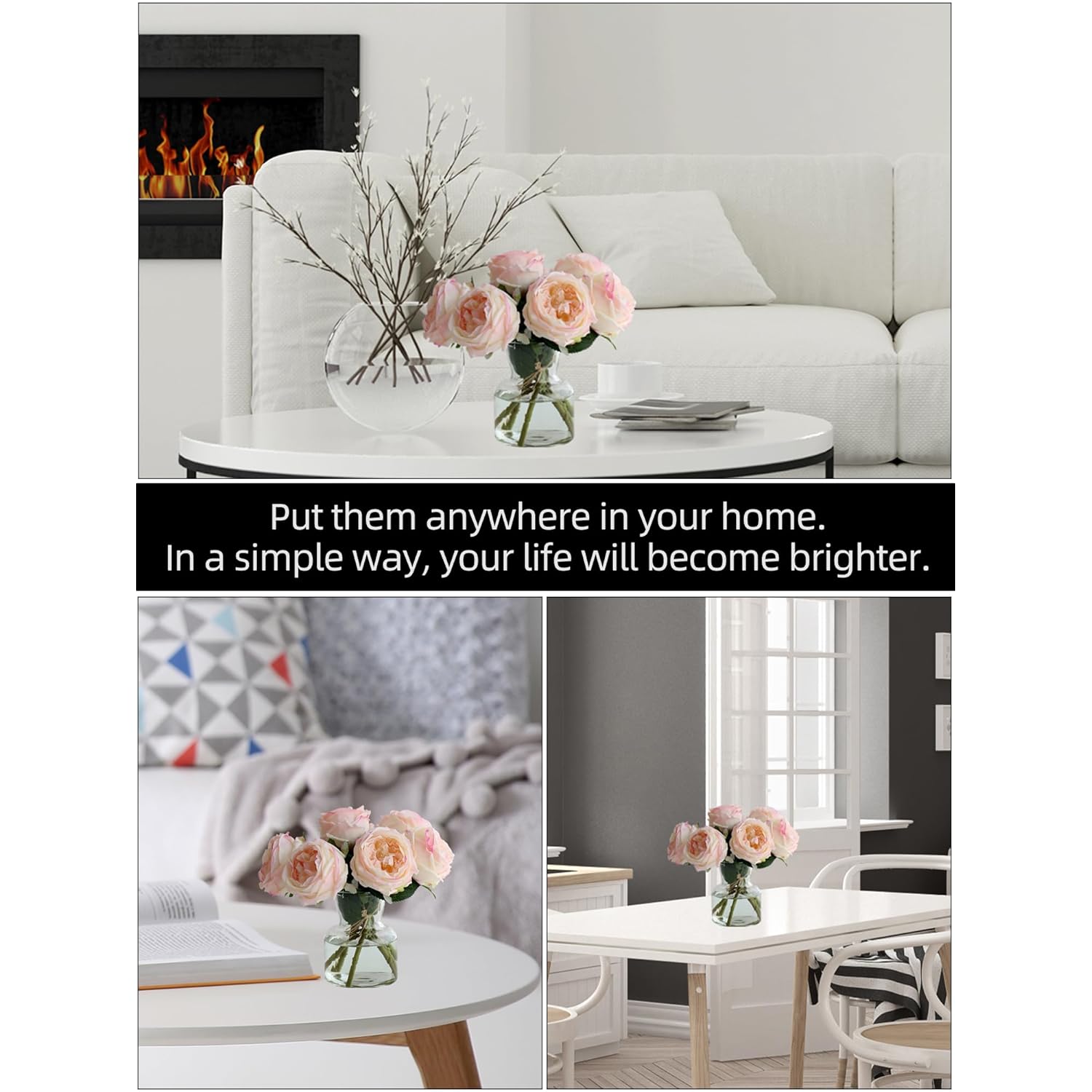 6Pcs Fake Austin Rose Peonies Flowers With Vase, Clear Glass Vase With Pink Real Touch Peonies Artificial Flowers Home Decor(Pink)