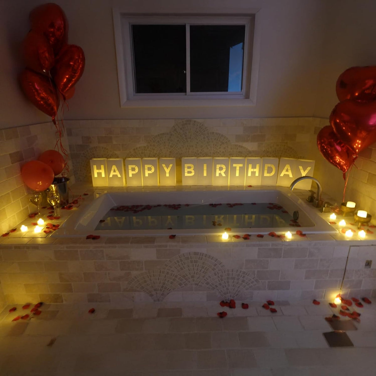 Luminary Bags With Led Tea Light Candles, Balloons, And Rose Petals – Romantic Decorations For Proposals, Anniversaries, And Special Moments (Happy Birthday)
