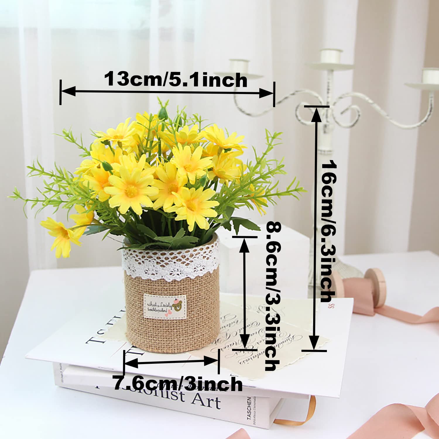 Artificial Flowers - Set Of 4 Mini Fake Potted Silk Daisy Flowers For Home Decor Wedding Office Tabletop Decoration