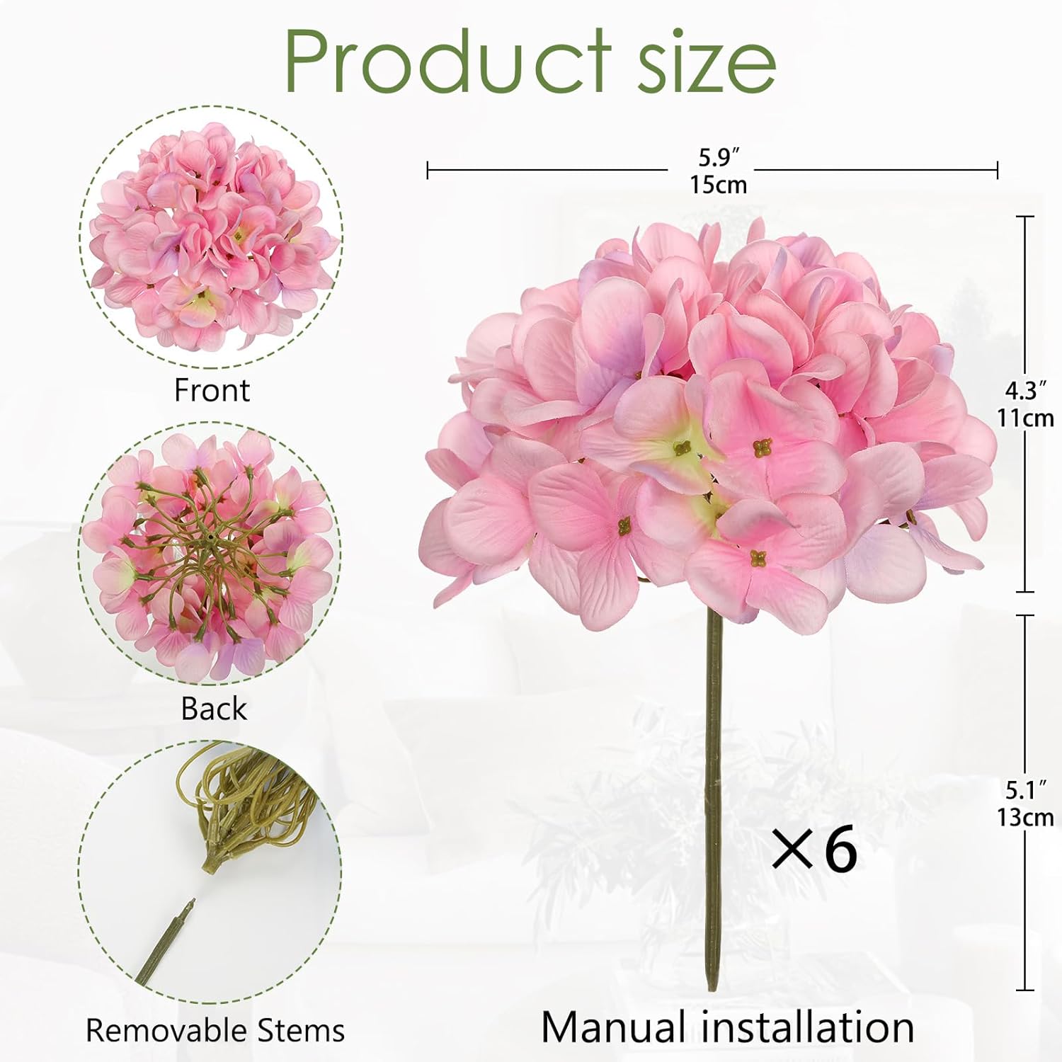 6 Pcs Pink Hydrangea Artificial Flowers Heads With Stems Silk Faux Hydrangea Pink Fake Flowers For Home Indoor Outdoor Diy Floral Wedding Flower Bouquets Kitchen Table Centerpiece Decor