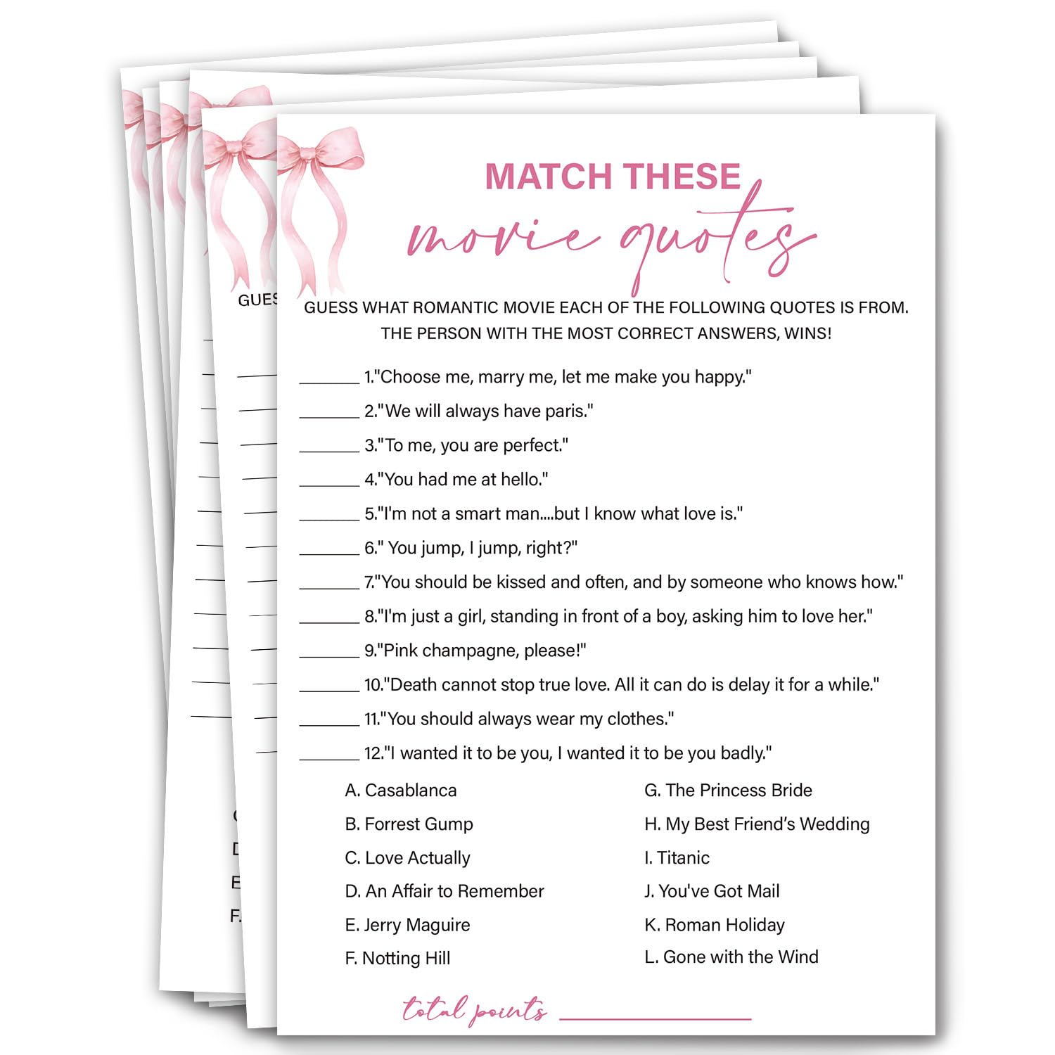 Bridal Shower Games - Match These Movie Quotes, Wedding Shower Bachelorette Party Game, Bridal Shower Games 30 Guests/P17