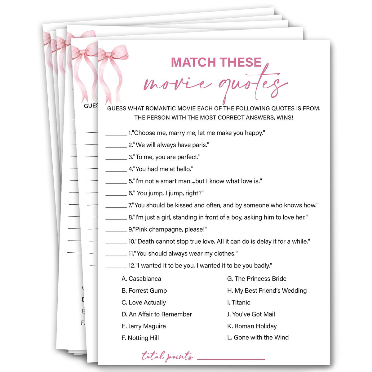 Bridal Shower Games - Match These Movie Quotes, Wedding Shower Bachelorette Party Game, Bridal Shower Games 30 Guests/P17