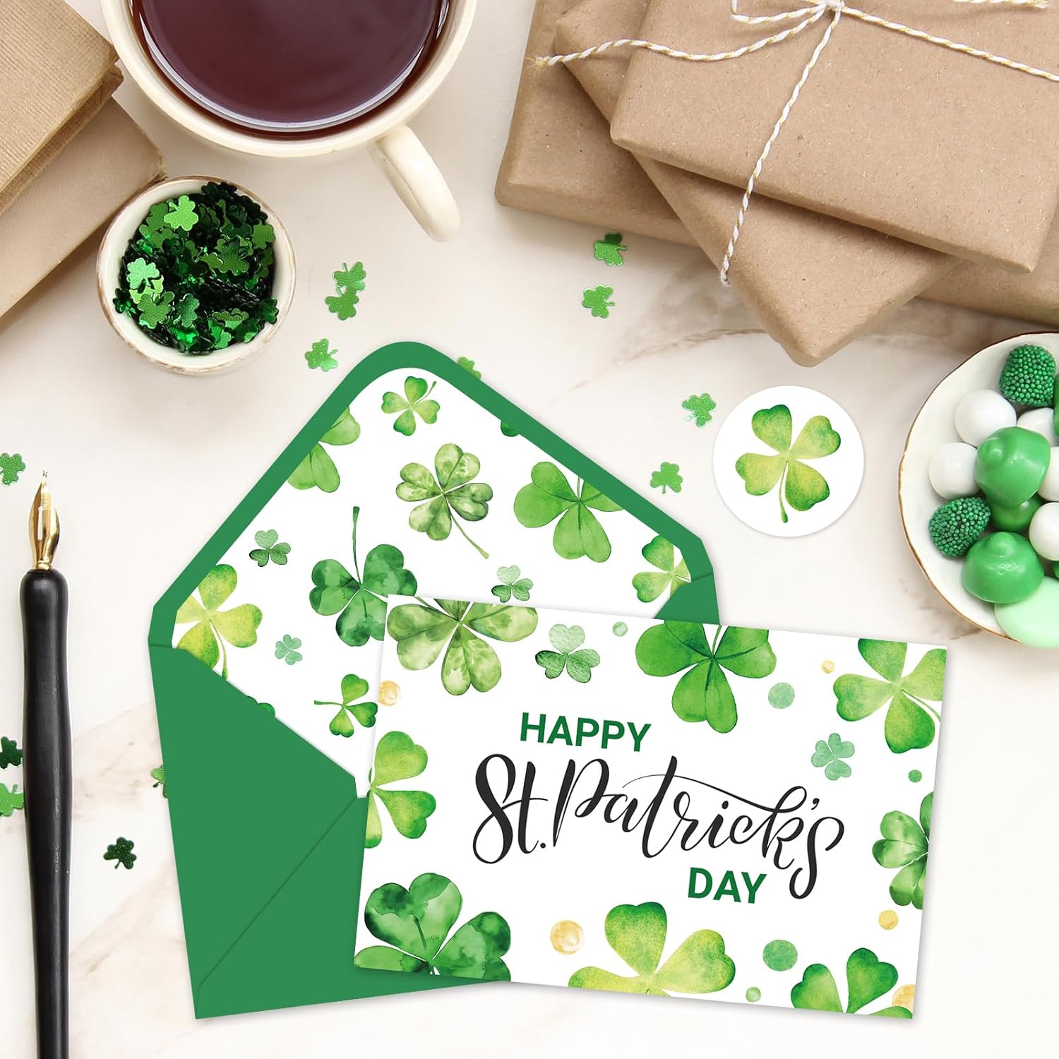 24Pcs Happy St. Patrick' S Day Cards Blank Note Cards With Envelopes Stickers Watercolor Green Shamrock Greeting Card For Irish Holiday, 4 X 6 Inch