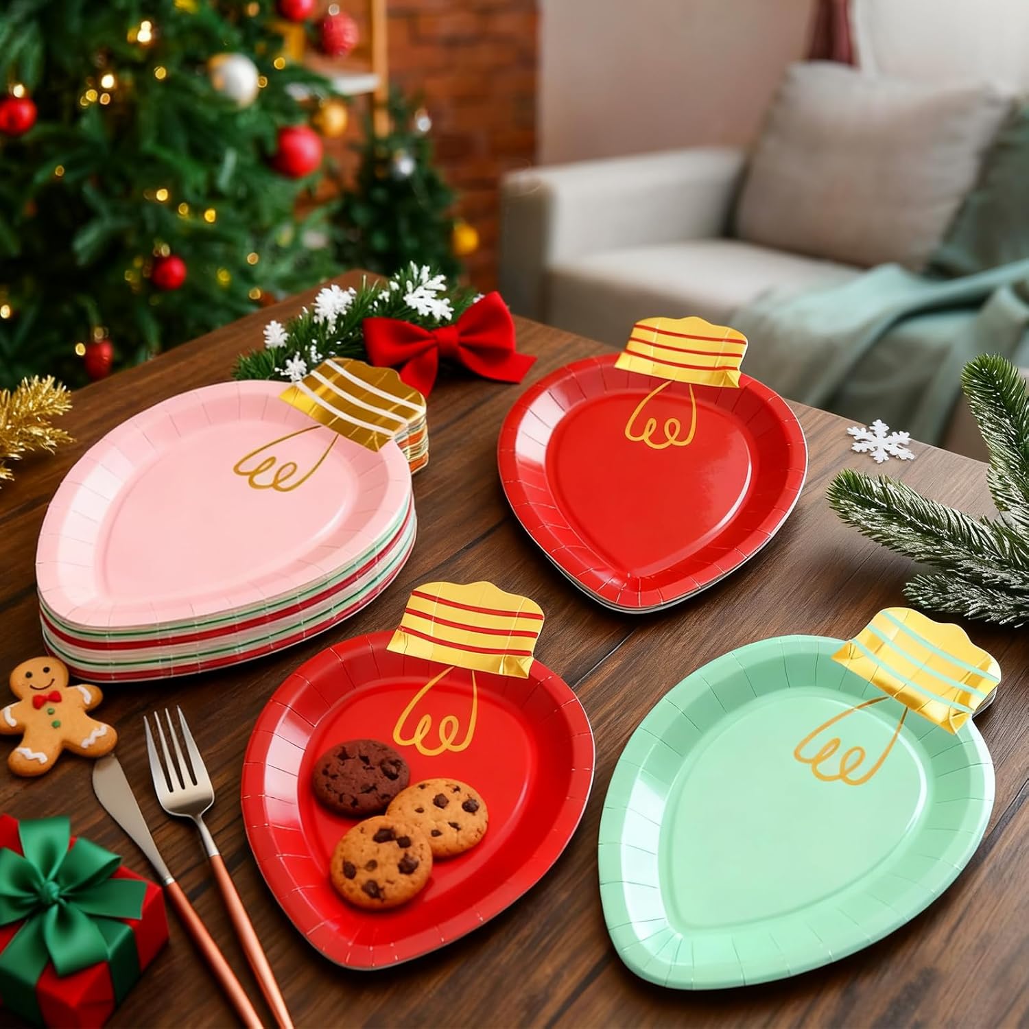 30Pcs Christmas Paper Plate Lights Shape Disposable Dinner Party Plates Holiday Dinnerware For Dessert Salad Appetizer Cookies, 10.4 X 6.7 In