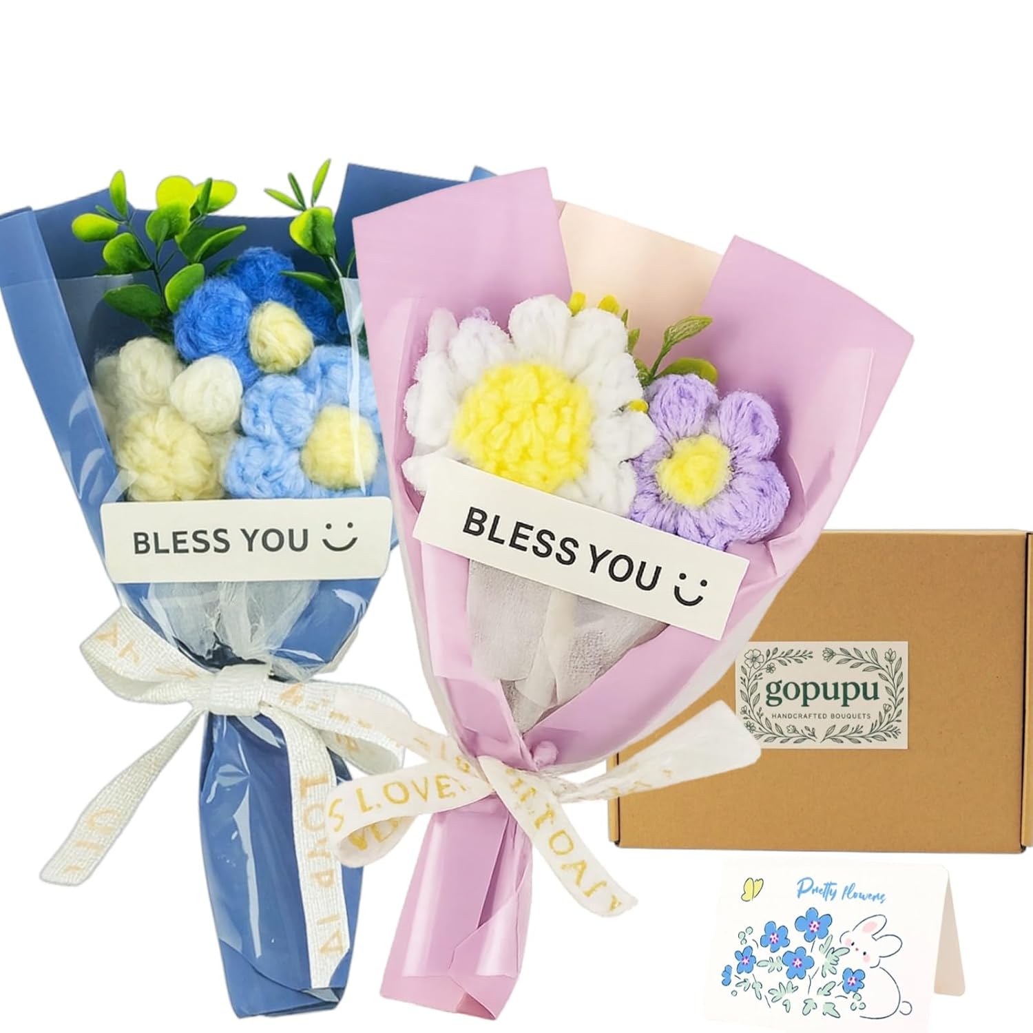 2Pack Handmade Mini Crochet Flower Bouquet With Greeting Card, Knitted Crochet Flowers Graduation Party Wedding Christmas, Artificial Crochet Flowers For Mom Wife Gift Home Decor Blue And Purple