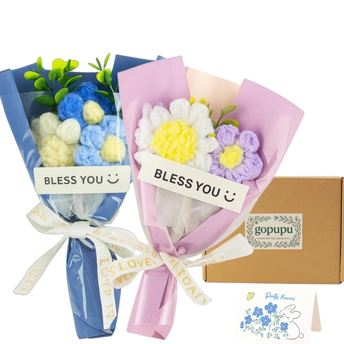 2Pack Handmade Mini Crochet Flower Bouquet With Greeting Card, Knitted Crochet Flowers Graduation Party Wedding Christmas, Artificial Crochet Flowers For Mom Wife Gift Home Decor Blue And Purple