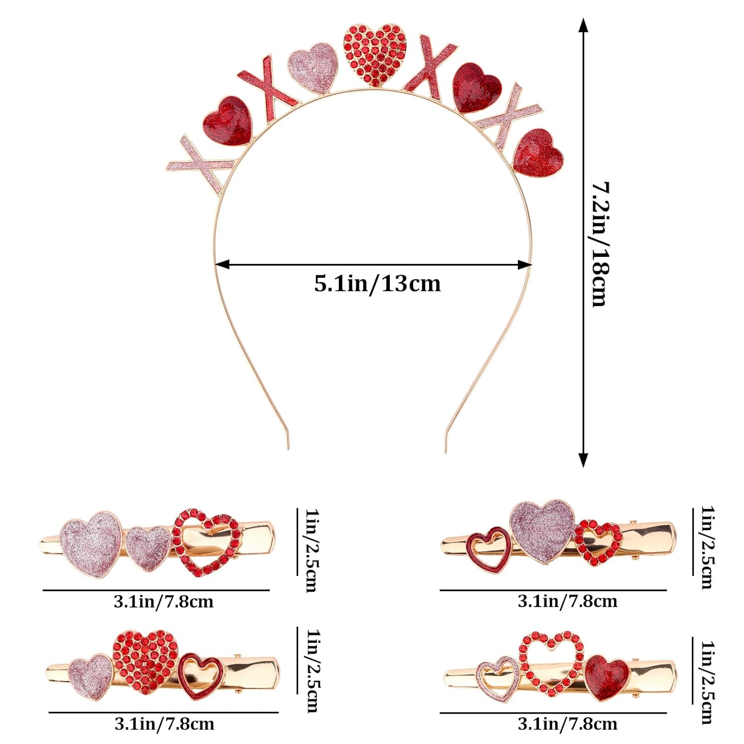 Valentine’S Day Headbands & 4Pcs Heart Shaped Hair Clips Set For Women Girls Red Pink Heart Hairband Rhinestone Glitter Hair Clips Xo Crystal Metal Hair Accessories Party Supplies Gifts
