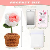 3.9 Inch Mother'S Day Crochet Flowers Bouquet Handmade Artificial Knitting Potted Rose Sheer Organza Bag Birthday Card For Decoration Mom Gifts