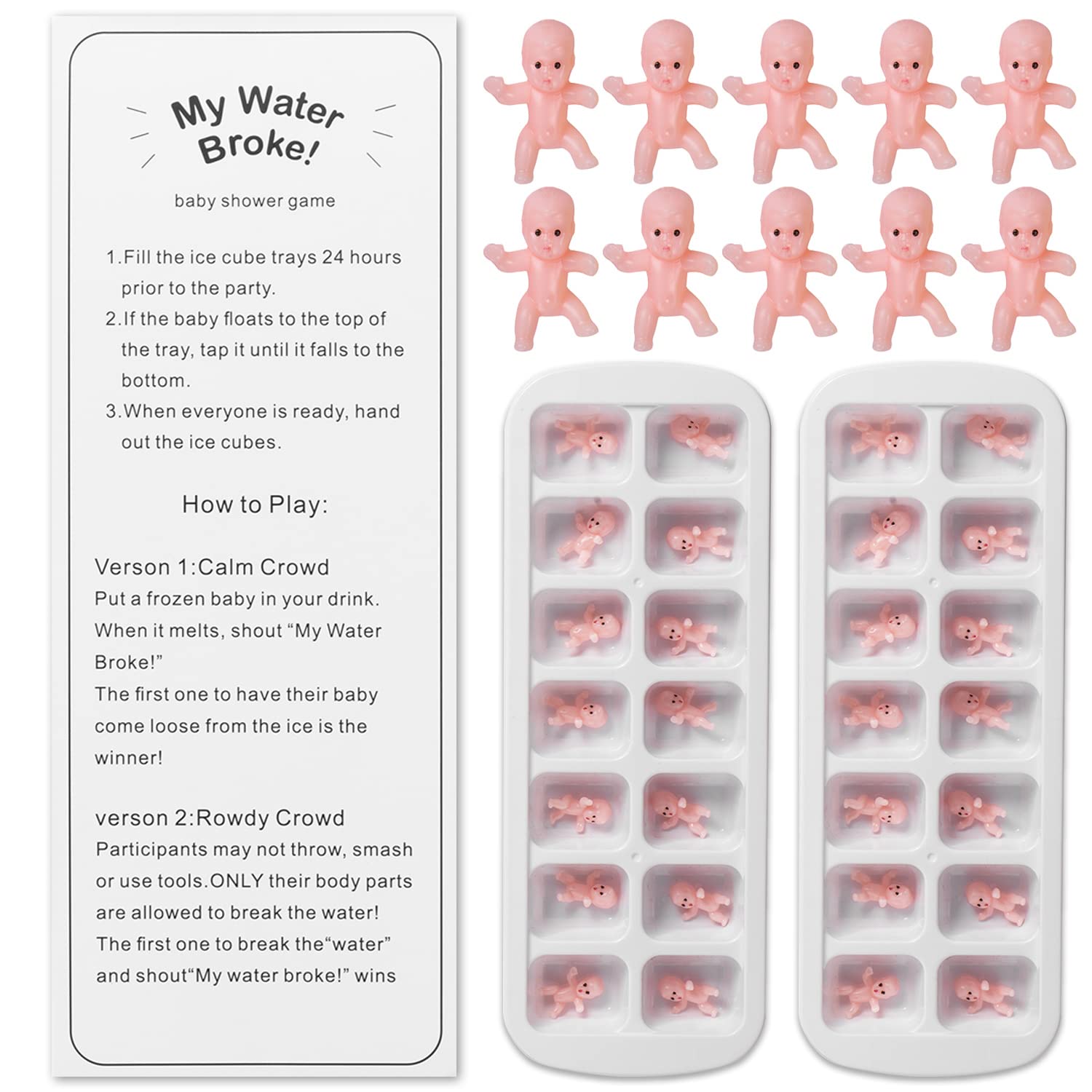 My Water Broke Baby Shower Game With 80 Mini Plastic Babies, 3 Ice Cube Trays And 1 Sign, Used For Ice Baby Shower Games, White