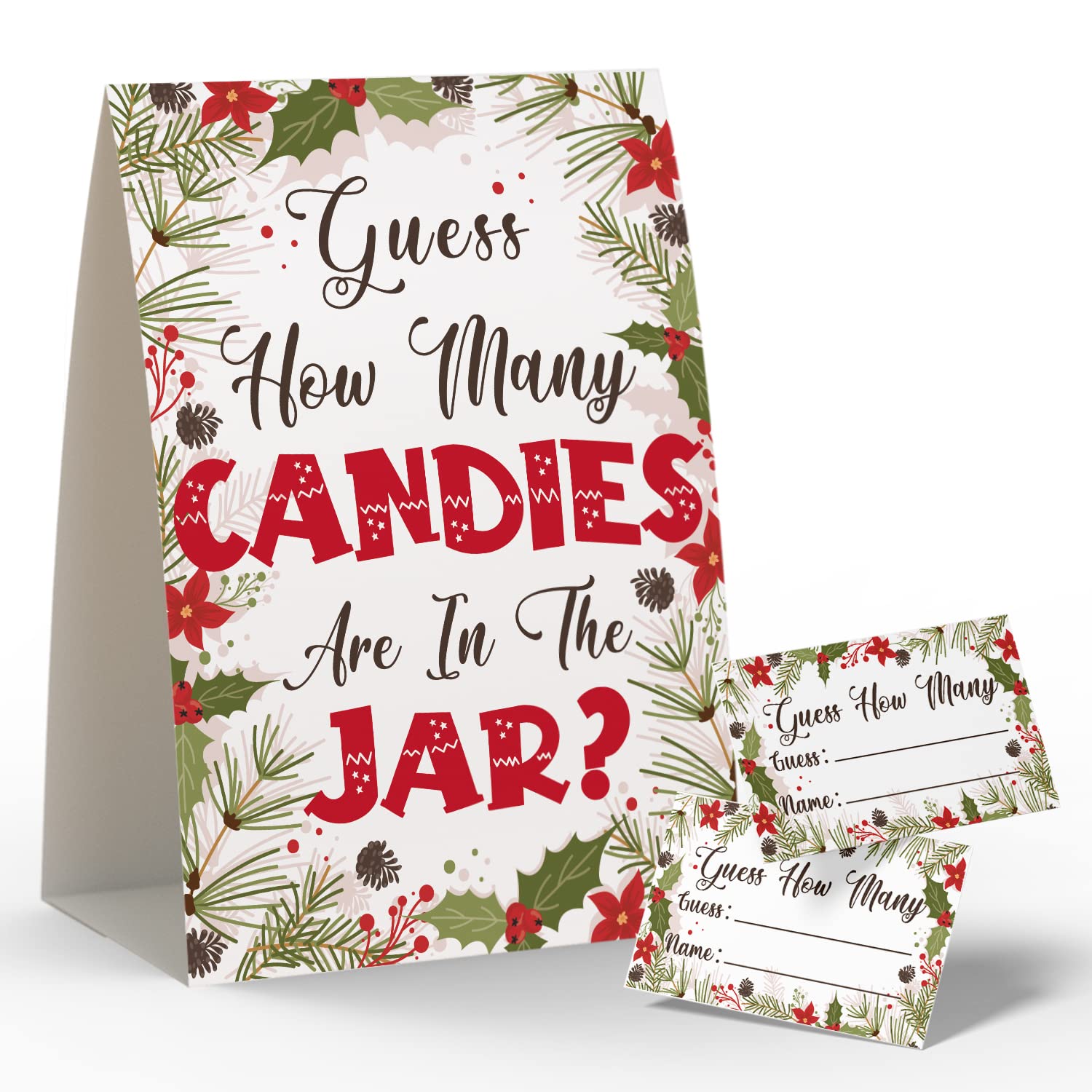 Christmas Party Games - How Many Candies Are In The Jar, 1 Standing Sign + 50 Cards, Christmas Party Ideas, How Many Kisses Game, Christmas Party Games For Kids / Cm007