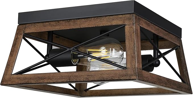 2 Light Farmhouse Ceiling Light Wood Grain Flush Mount Fixture