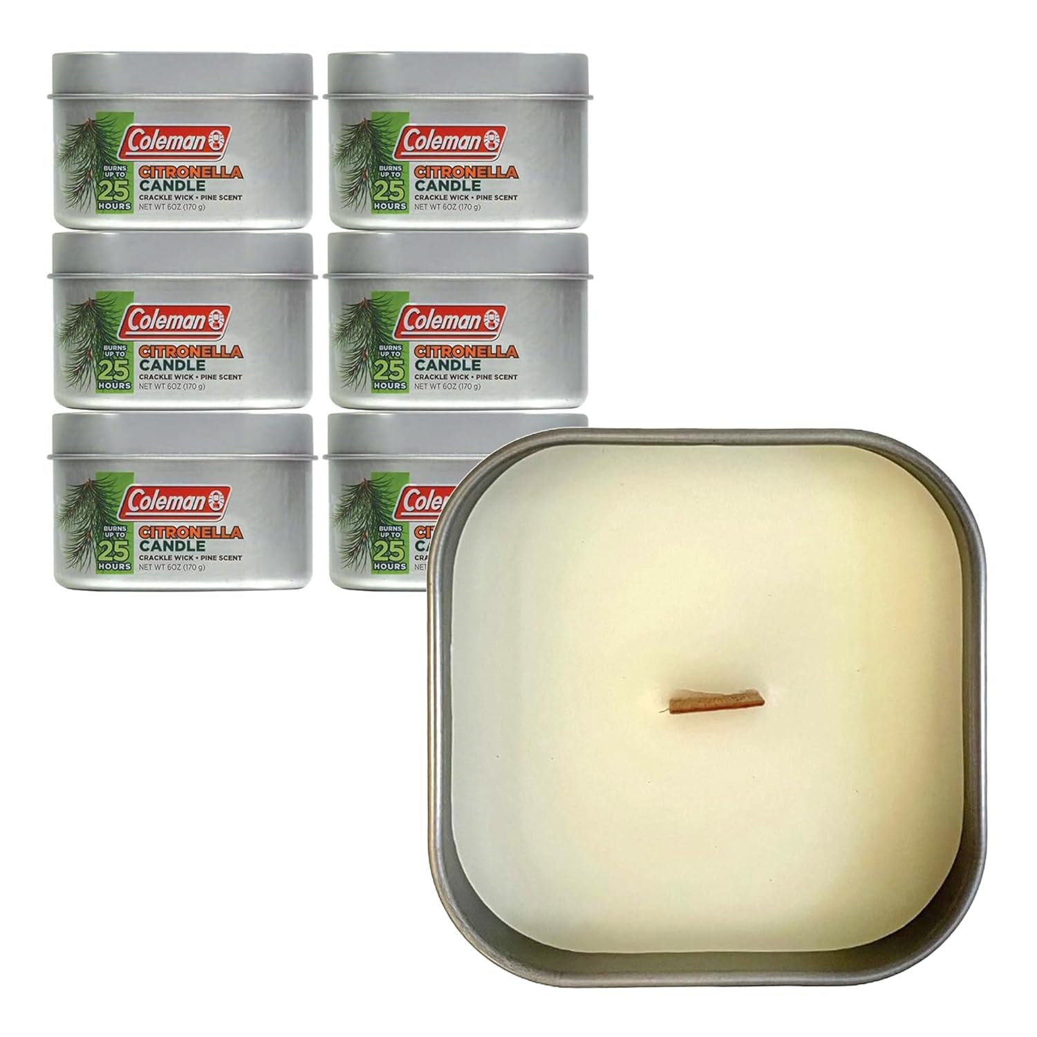 Coleman Scented Outdoor Citronella Candle with Wooden Crackle Wick, Pine Scent, 6 oz (Pack of 6)