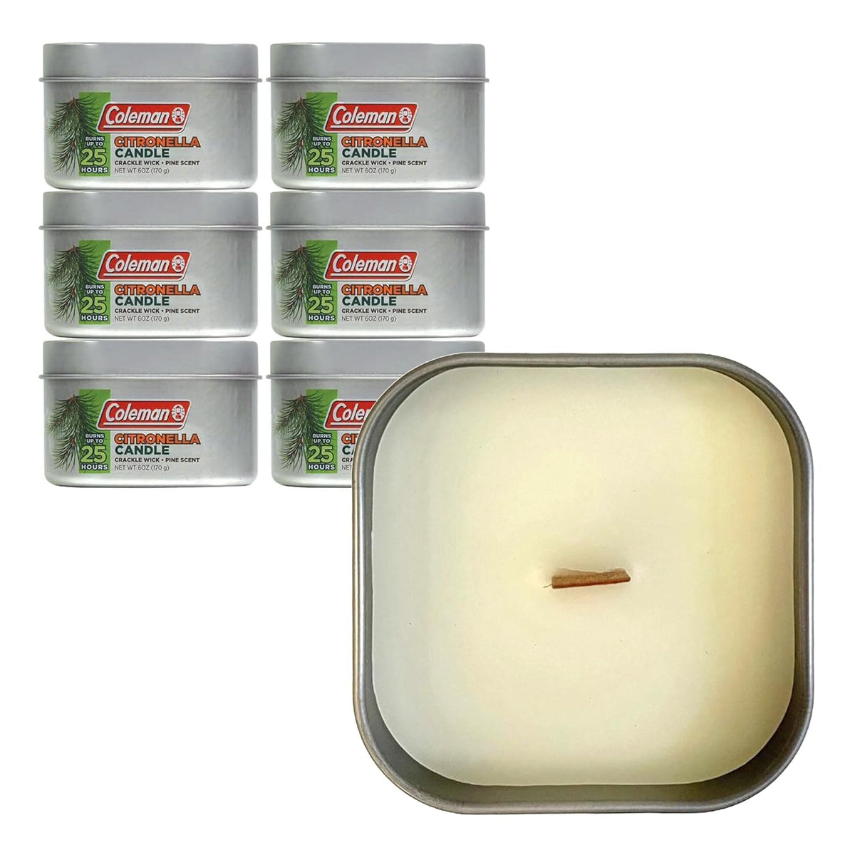 Coleman Scented Outdoor Citronella Candle with Wooden Crackle Wick, Pine Scent, 6 oz (Pack of 6)