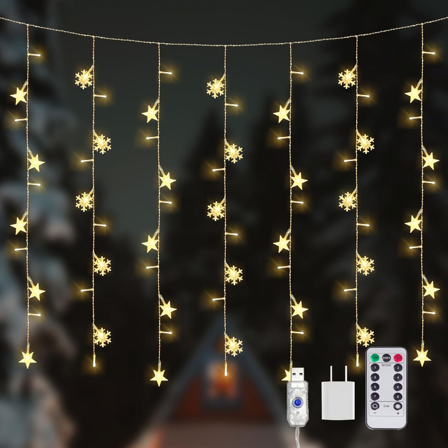 8 Modes Christmas Curtain String Lights With Snowflake And Star, Usb Plug In Wall Lights Christmas Decorations Indoor, X