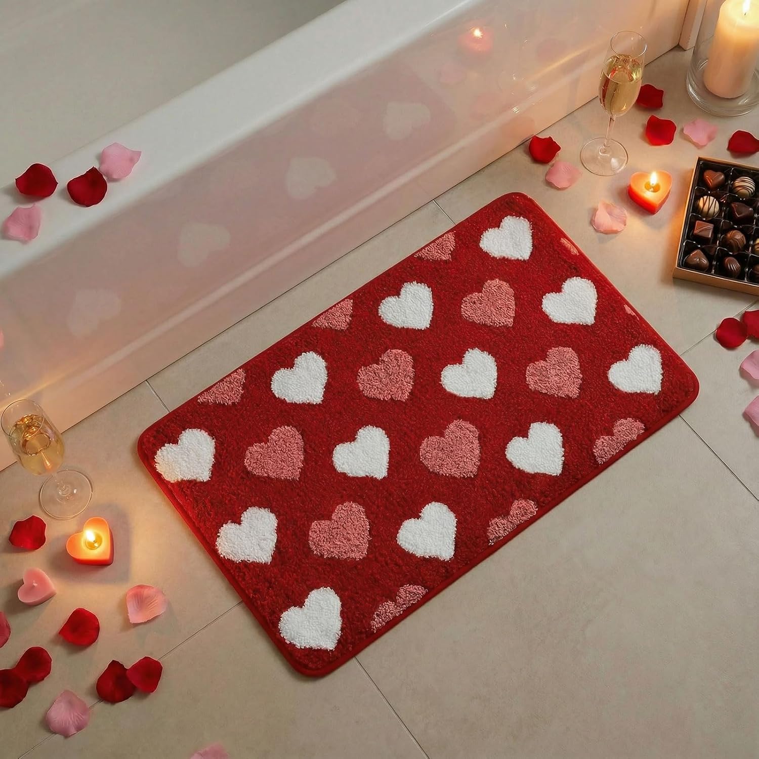 Valentines Bathroom Rug 16X24 Inch, Soft And Absorbent Tufted Love Heart Bath Mat Non Slip Washable, Valentines Day Bathroom Decor Rug Happy Anniversary Decorations