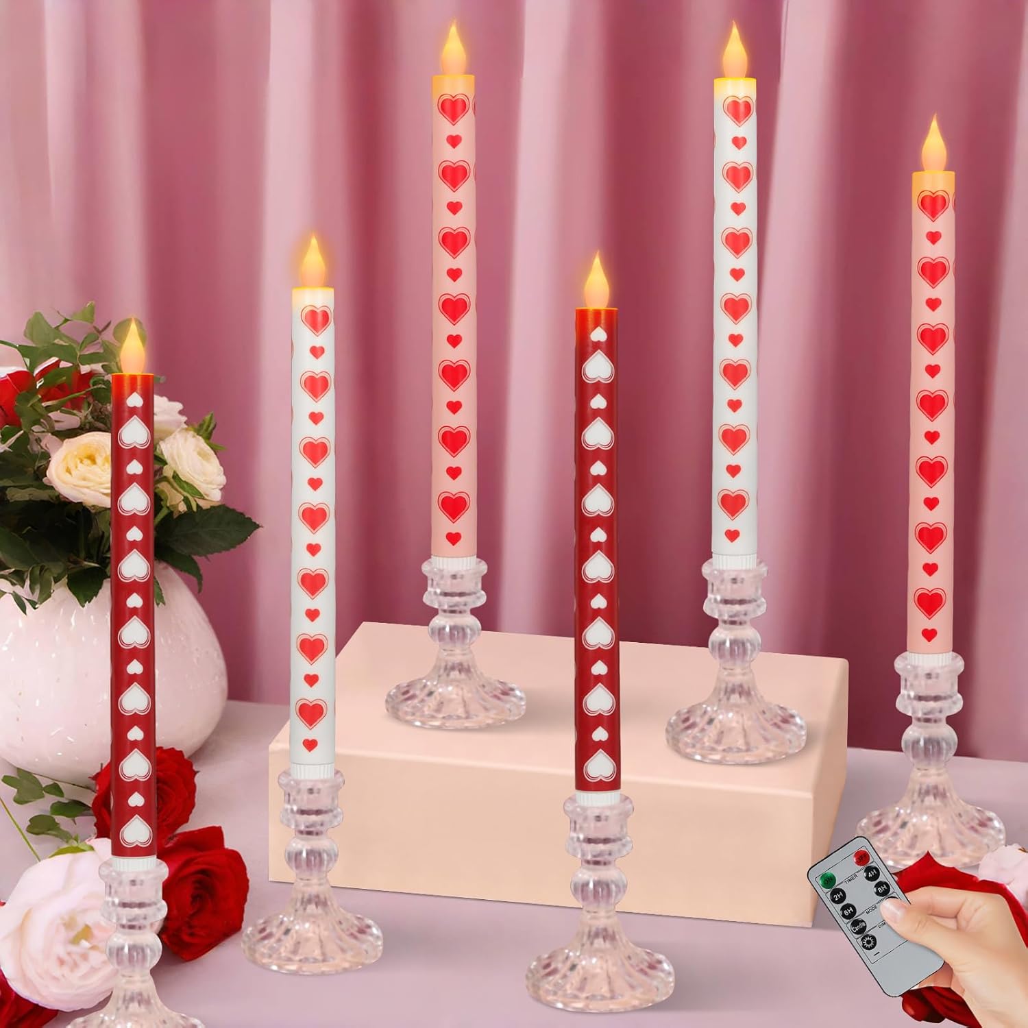 6Pcs Valentine'S Day Flameless Taper Candle - 10.63" Heart Love Candle With Remote,Pink Red Battery Operated Led Candlesticks,Valentines Gifts For Wedding Anniversary Romantic Night Party Decor