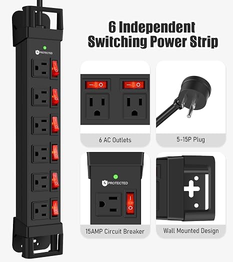 Heavy Duty Power Strip 1200J Surge Protector 14AWG 6FT Cord Individual Switches Black