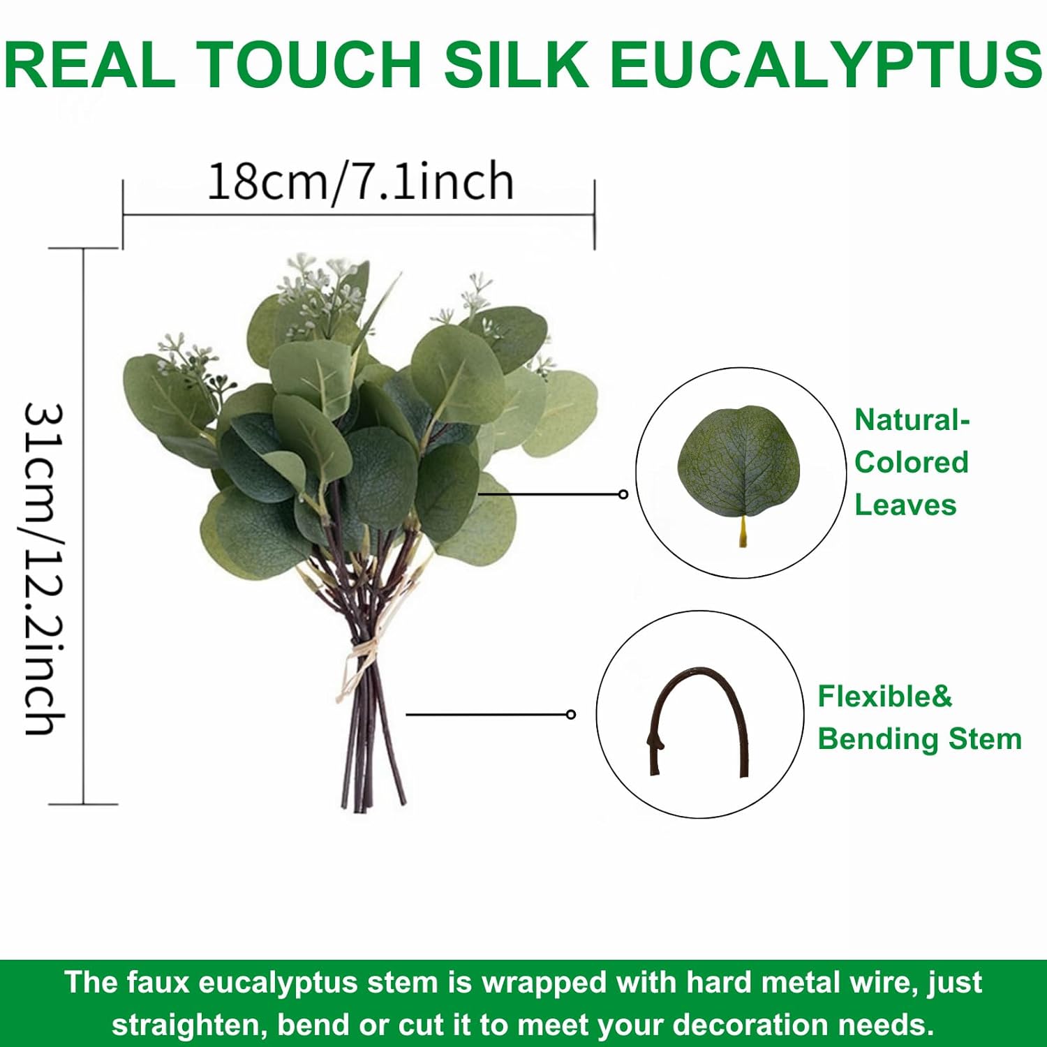 12.2" Artificial Greenery Eucalyptus Stem Silver Dollar Leaves Baby Eucalyptus Leaves Faux Eucalyptus Branches With White Seeds Suitable For Family Wedding Vase Centerpieces Bouquet Flower Arrangement