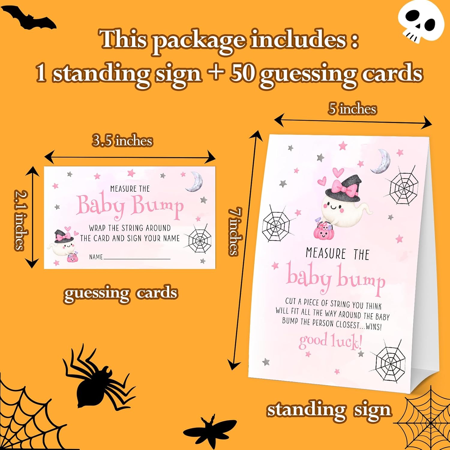 Halloween Baby Shower Games, Pumpkin Measure The Baby Bump Sign + 50 Tickets, Pink Ghost Gender Reveal Party Game Cards For Announcement Supplies - A03