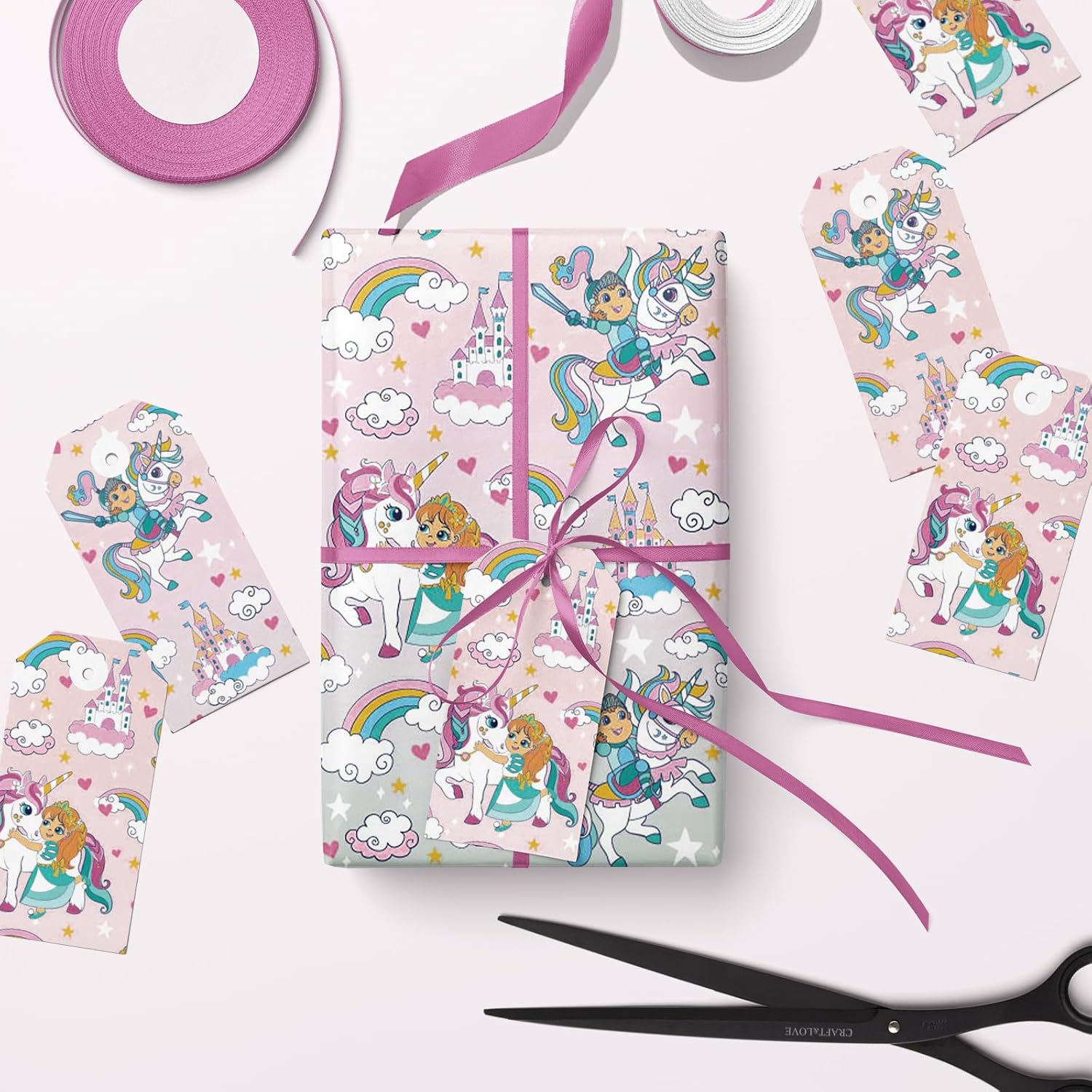 Unicorn Birthday Wrapping Paper Roll For Kids Girls Women, Purple Unicorn Wrapping Paper Rolls, Castle & Rainbow Gift Wrap For Birthday, Baby Shower Party Favor, 17 X 120 Inches, 3 Rolls