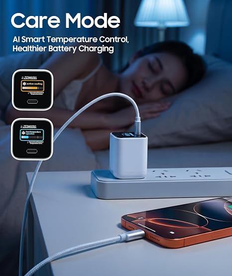 45W USB C GaN Fast Charger with 6.6FT USB C Cable Smart Display Foldable Wall Charger for iPhone 17 16 15 iPad Pro
