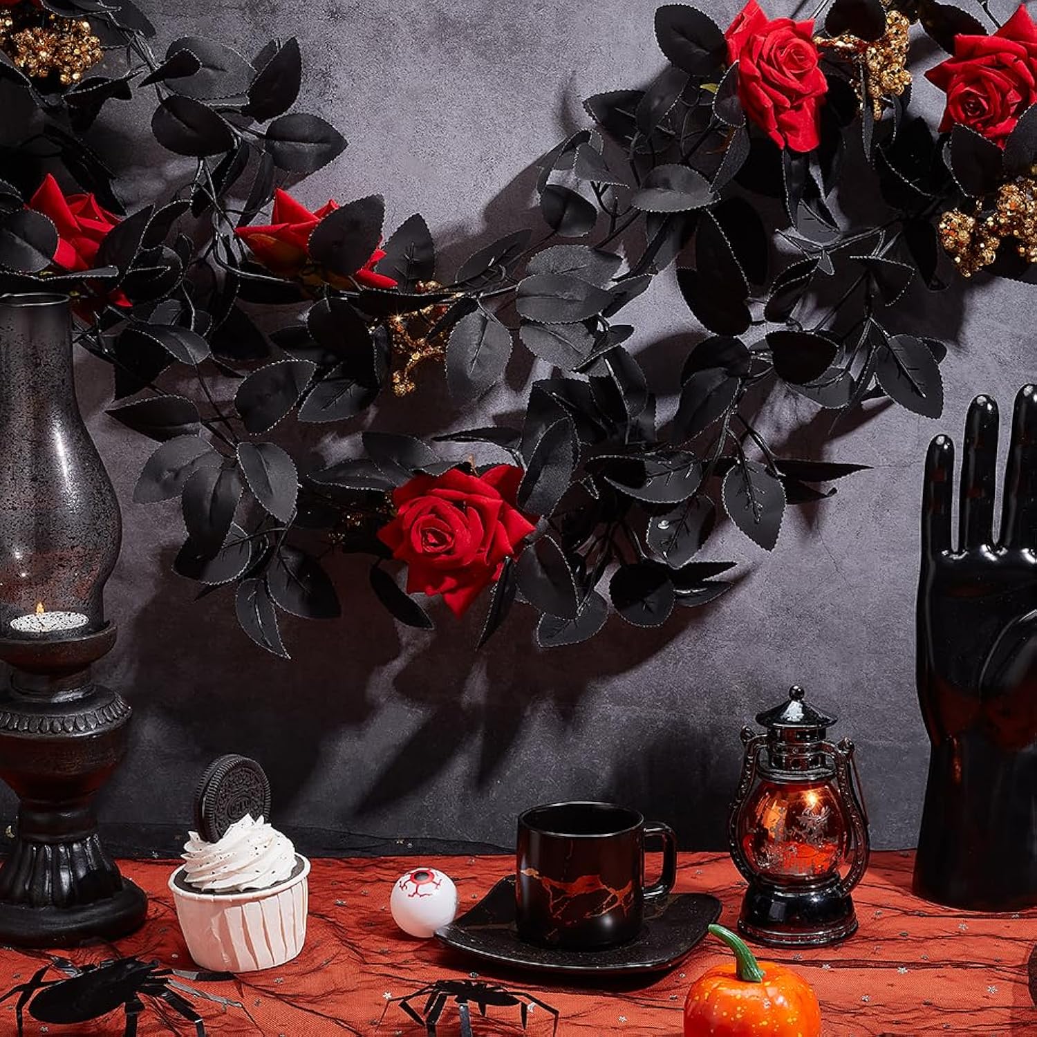 5.7Ft Artificial Black Rose Vine, Red Flower Vine Garland Floral Wall Hanging Ornaments Garland With Golden Berries Black Leaves For Table Centerpiece Room Mirror Halloween Decor