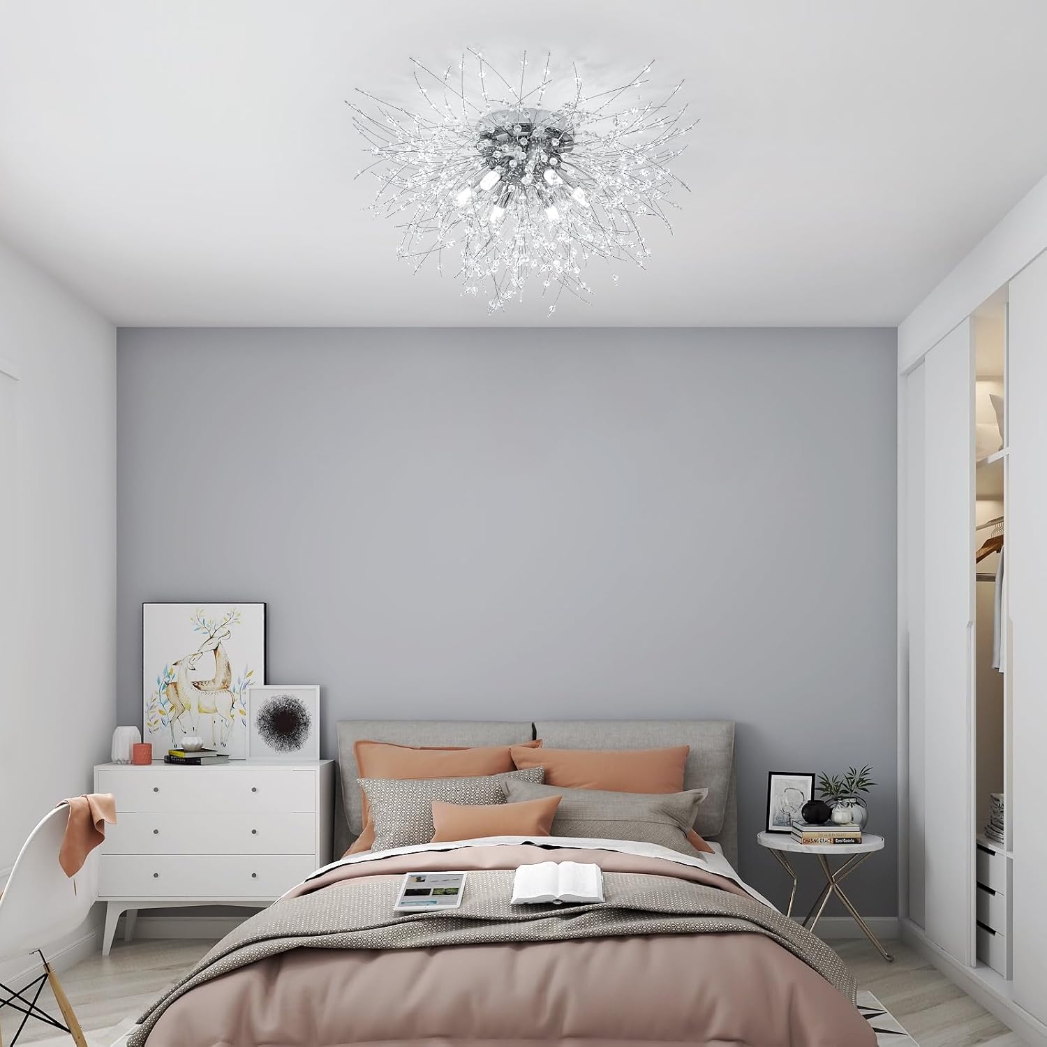 Modern Crystal Ceiling Chandeliers, Firework Dandelion Ceiling Light Flush Mount 6-Lights Bedroom Lighting Fixtures For Hallway Kitchen Living Room (Nickel)