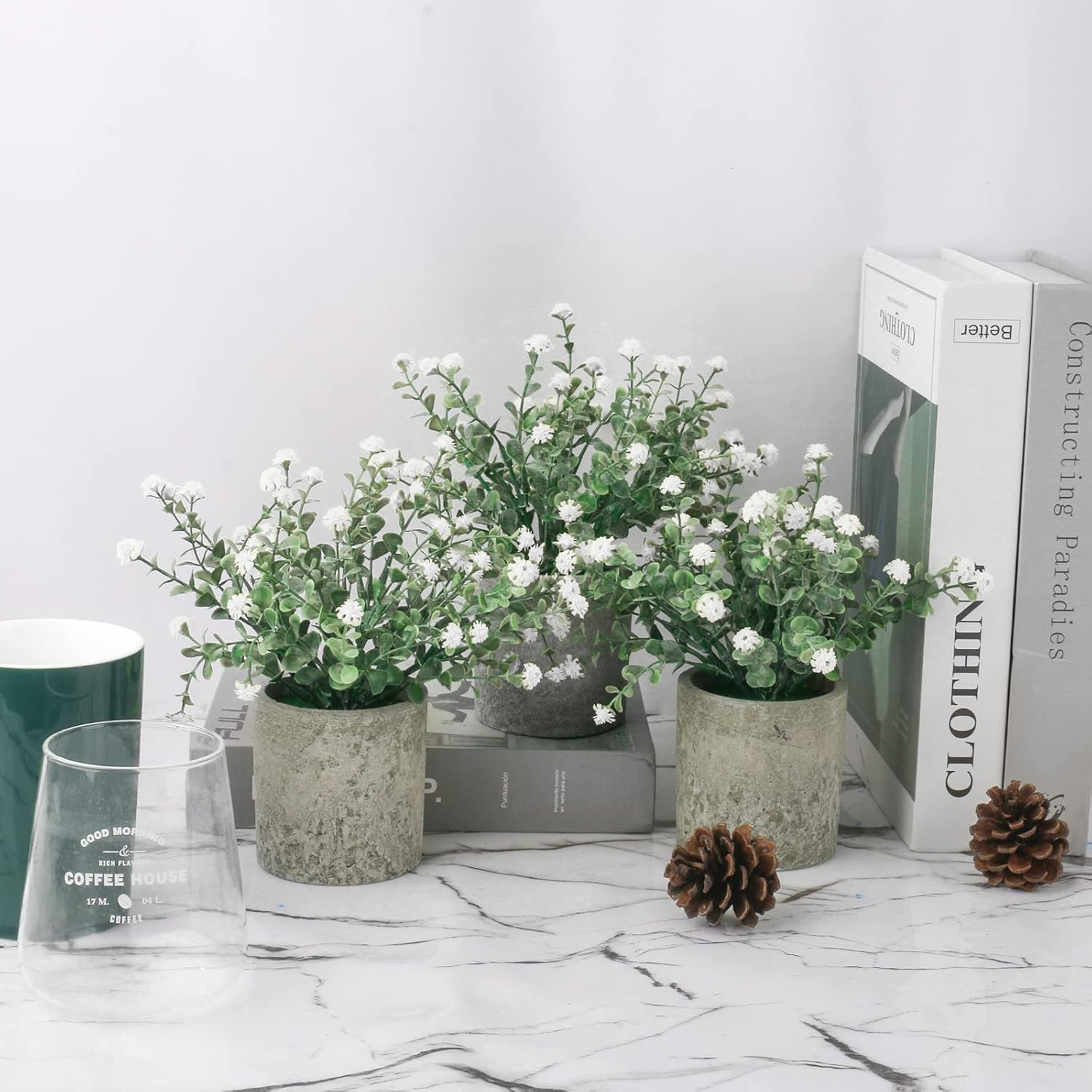 3 Potted Artificial Plants Flowers For Home Decor Indoor, Centerpiece Table Decorations For Dining Room And Coffee Table, White
