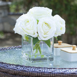 Enova Floral 7 Large Stems Artificial Silk Roses Fake Flowers Arrangement in Cube Glass Vase with Faux Water for Home Office Wedding Decoration (Cream)