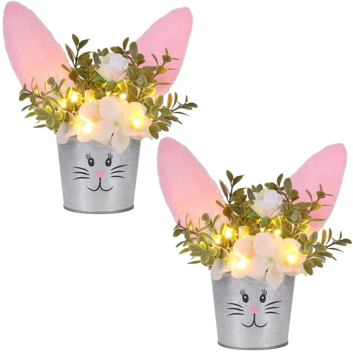 2 Pcs Easter Table Decorations Artificial Flower With Bunny Ear, Lighted Easter Desk Decor Bunny Flowers, Easter Tabletop Decorations For Home Table Mantle Office Spring Party