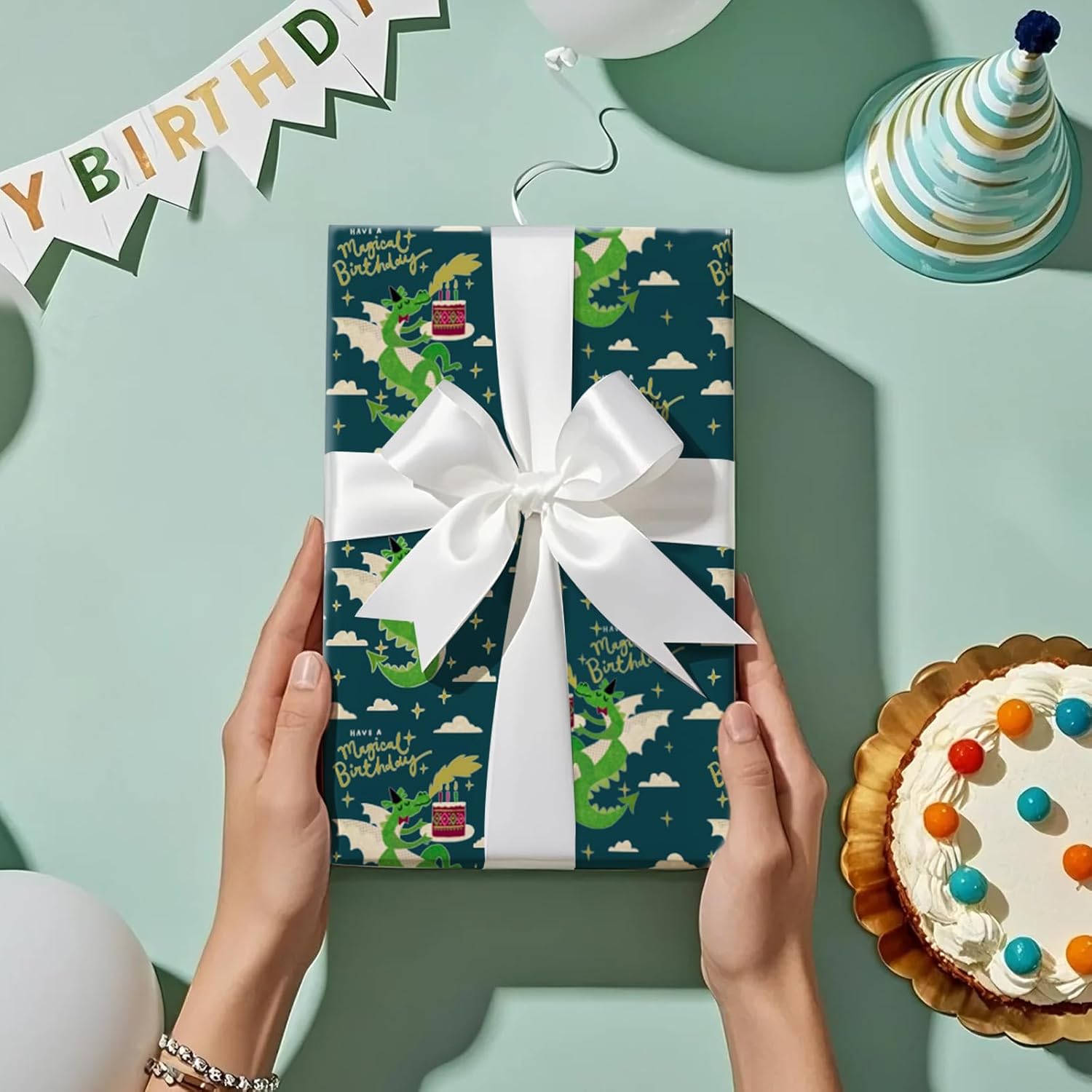 Birthday Wrapping Paper Roll For Boys Girls, Mini Roll, Magical Dragon And Cake Design With Have A Magical Birthday Text Design, Fantasy Gift Wrap For Kids Party, 17 Inches X 16.4 Feet